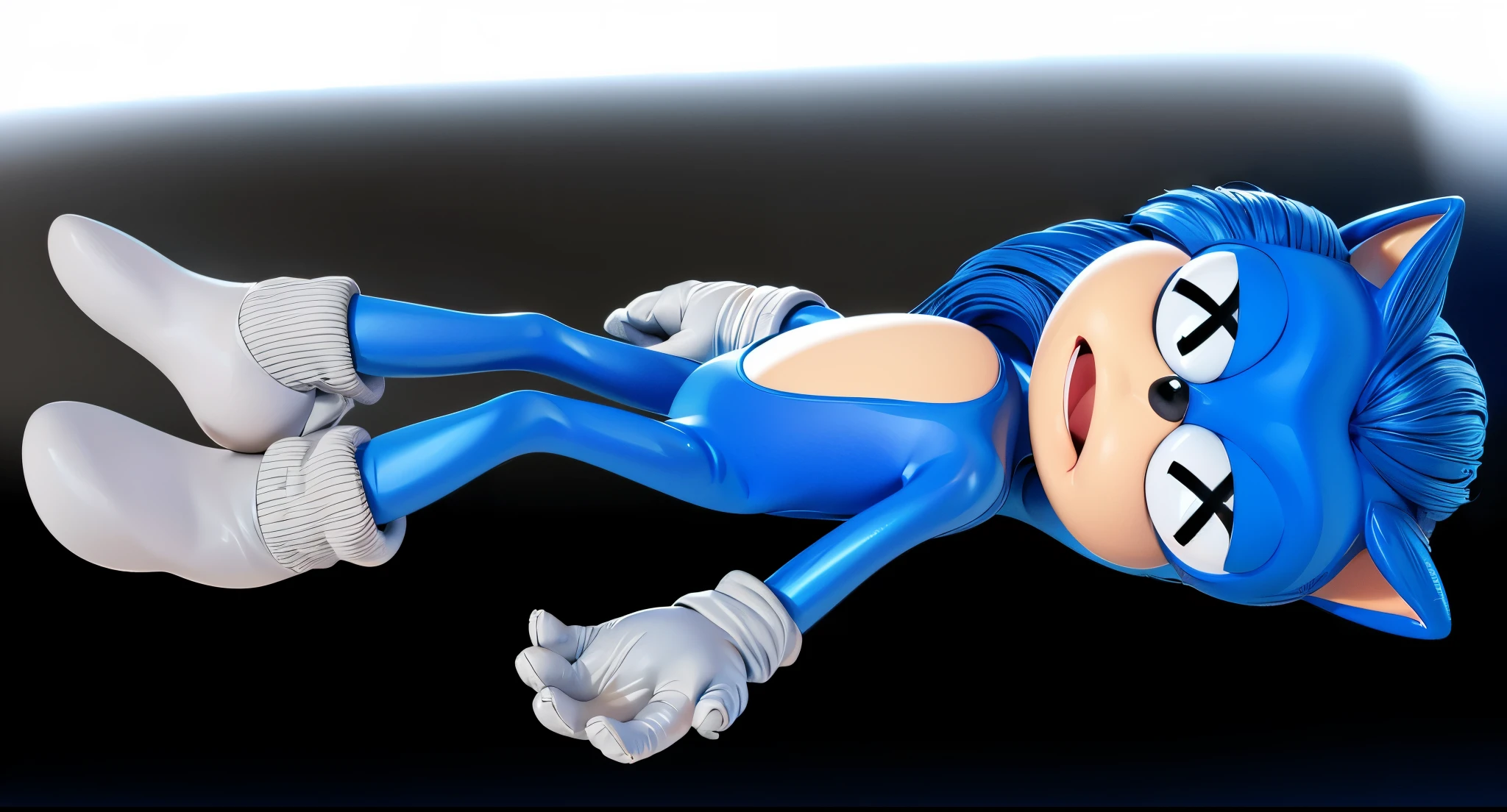 Make a Sonic , qualidade 8k, Disney, smooth 3d model, multiple light sources, rim light, sharp post effects render, (glossy texture with multiple big light probe refractions), perfect cgi, cgi art created only with gradients, smooth silhouette, high intensity refraction, (fluffy material), most beautiful vfx, black background, plastic refractions