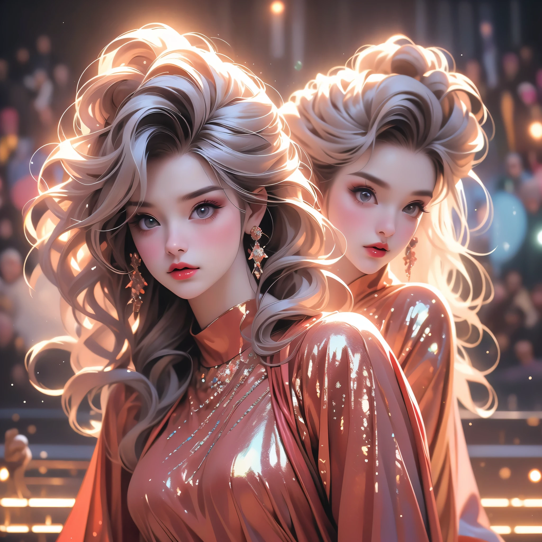 (best quality,highres,masterpiece:1.2),ultra-detailed,(realistic,photorealistic,photo-realistic:1.37),vivid colors,studio lighting,sharp focus,HDR,UHD
A girl band, 4 women (varied height, varied age) cute, big colorful hair, click bait outfits, sequins dance and sing center stage. glitter bombs. fireworks. portraits,concept artists