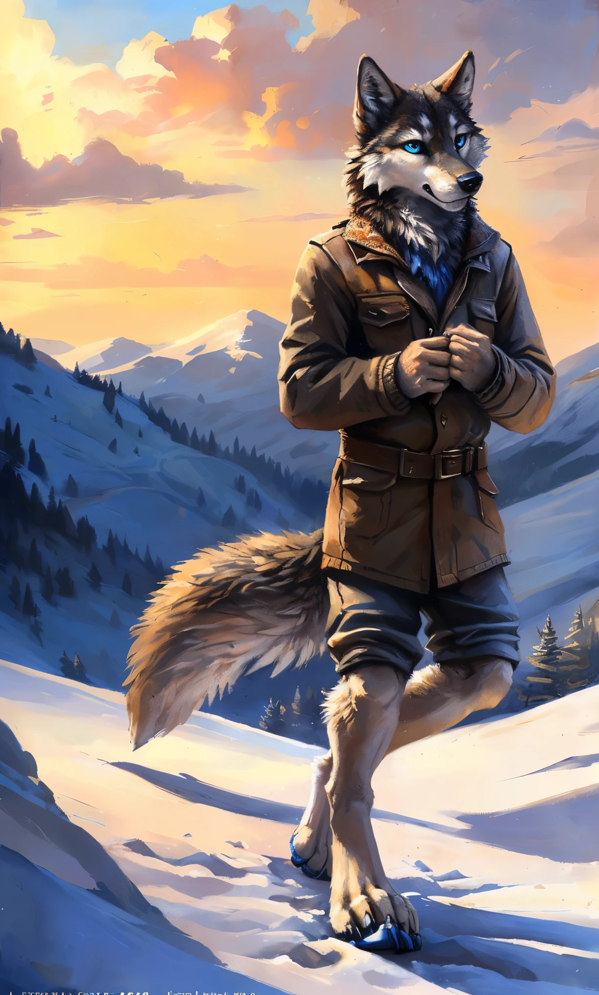 ((Solo)), male people, anthro wolf, (Multi-colored fur, White-brown:1.3，White tail pointed), (Height 2.1m,Tail length 1.2m), ((Wolf face, Big eyes, White eyelids, Blue pupil, Slim:1.2) (Tough, Calm expression:1.2)), Slim, pinging)), (Correct anatomy), (Winter clothing:1.1), The upper body  naked, (detailed outfits),A long big tail，Feet，(Realistic fur, Detailed fur texture, labeled:1.3)), (Natural lighting), Photorealistic, Hyperrealistic, ultradetailed, by Kenket，Snowfield，erect through，Running on