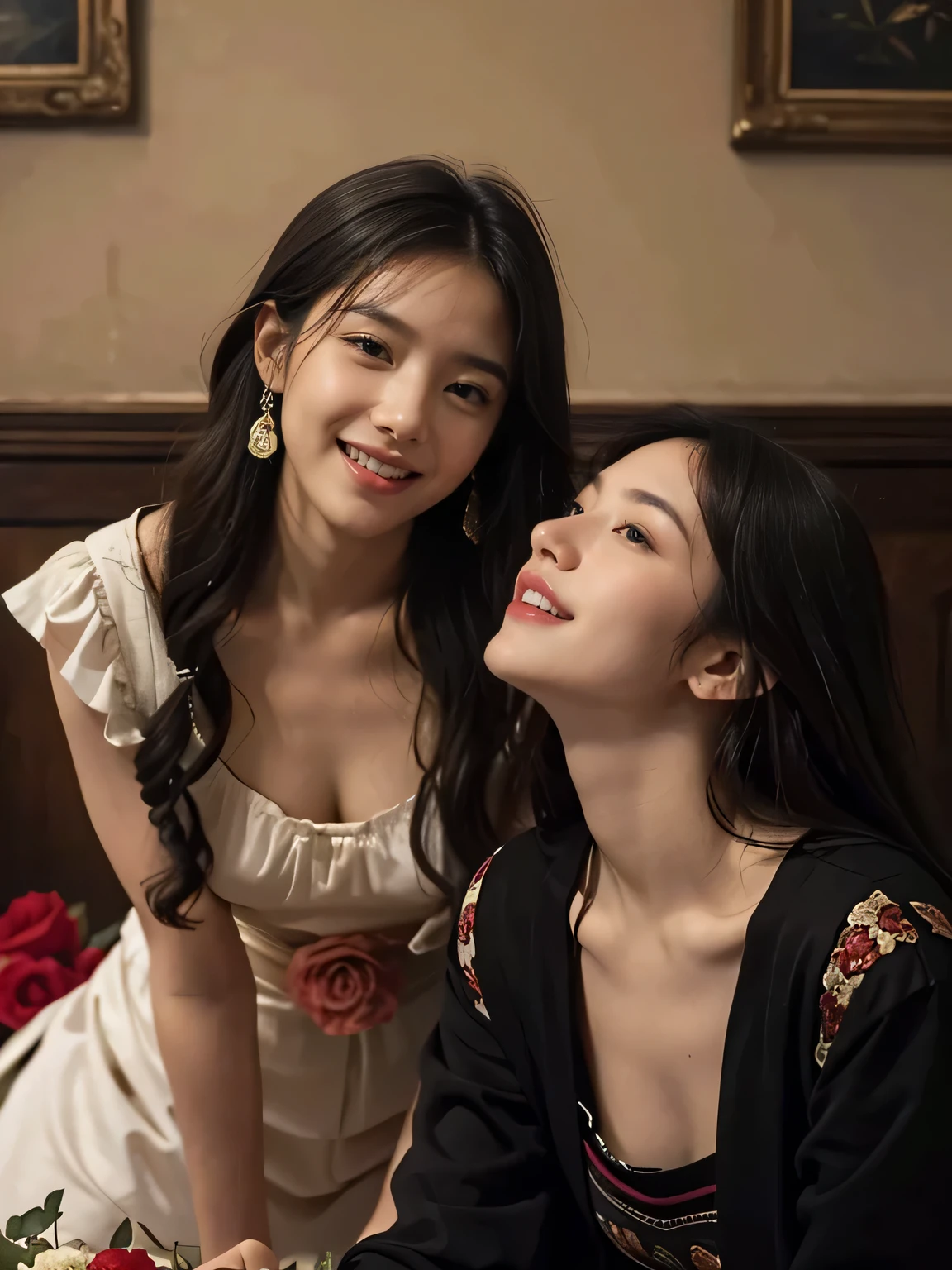 antique,A smile,,Sweet and seductive appearance.、Caravaggio's paintings、Chiaroscuro of Caravaggio,Two women frolicking,Cute smile, Expression of ecstasy