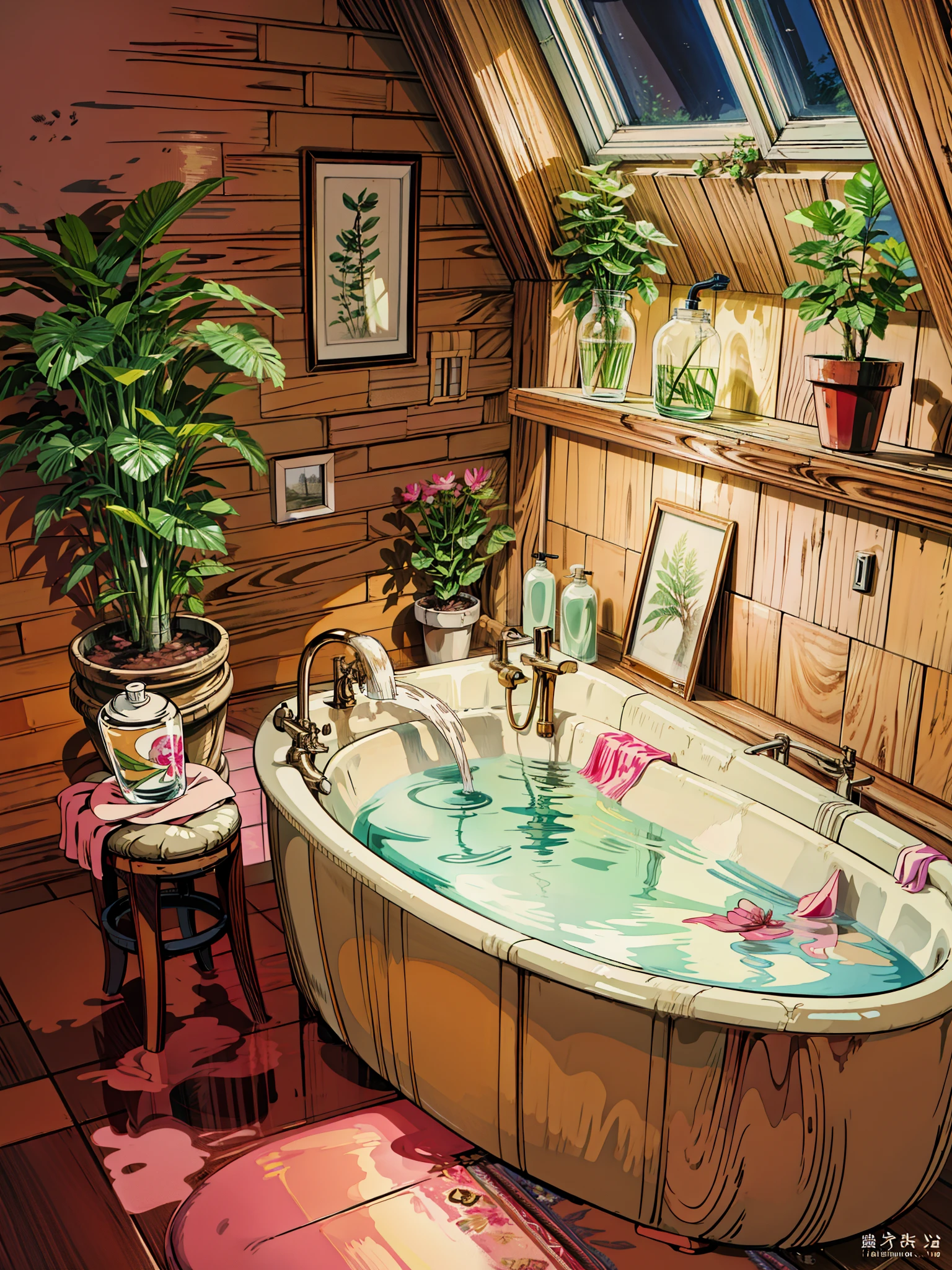a bathroom with a bathtub and a potted plant, bathtub, cute room, pink water in a large bath, sweet night ambient, interior of a bathroom, relaxing calm vibes, inspired by Edward Okuń, painting of a room, sad lonely mellow vibes, lofi aesthetic, cozy room, cozy wallpaper, cozy place, lofi album art, cozy atmospheric, 4k hd,, beautiful art uhd 4 k, a beautiful artwork illustration, beautiful digital painting, highly detailed digital painting, beautiful digital artwork, detailed painting 4 k, very detailed digital painting, rich picturesque colors, gorgeous digital painting
