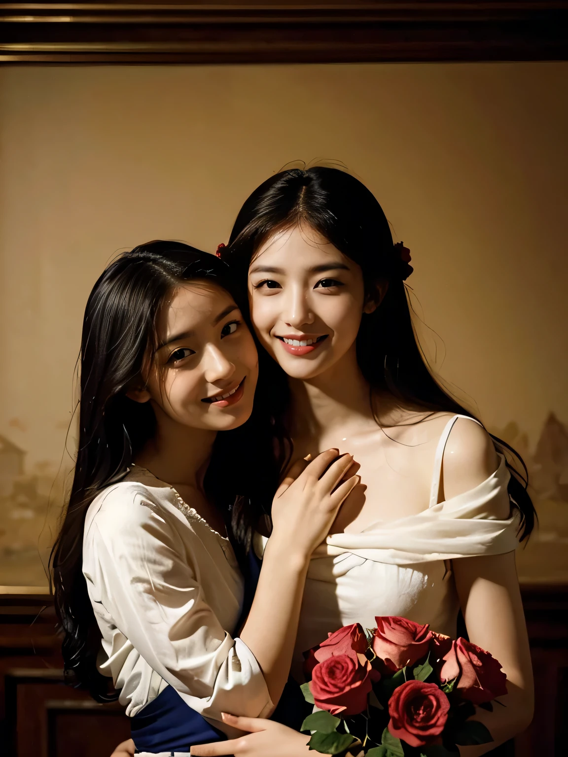 Giorgione painting style,Arguments of two female Philosophe,math、astronomical machine、astronaut、roses in vase、fruits、Cute trinkets、smile、ancient greek costume、Ancient Roman landscape in the style of Nicolas Poussin,laughter,,Sweet and seductive appearance.、Caravaggio's paintings、Chiaroscuro of Caravaggio、hair tousled by the wind,Two women frolicking,cute smile, expression of ecstasy,Sexy,erotic