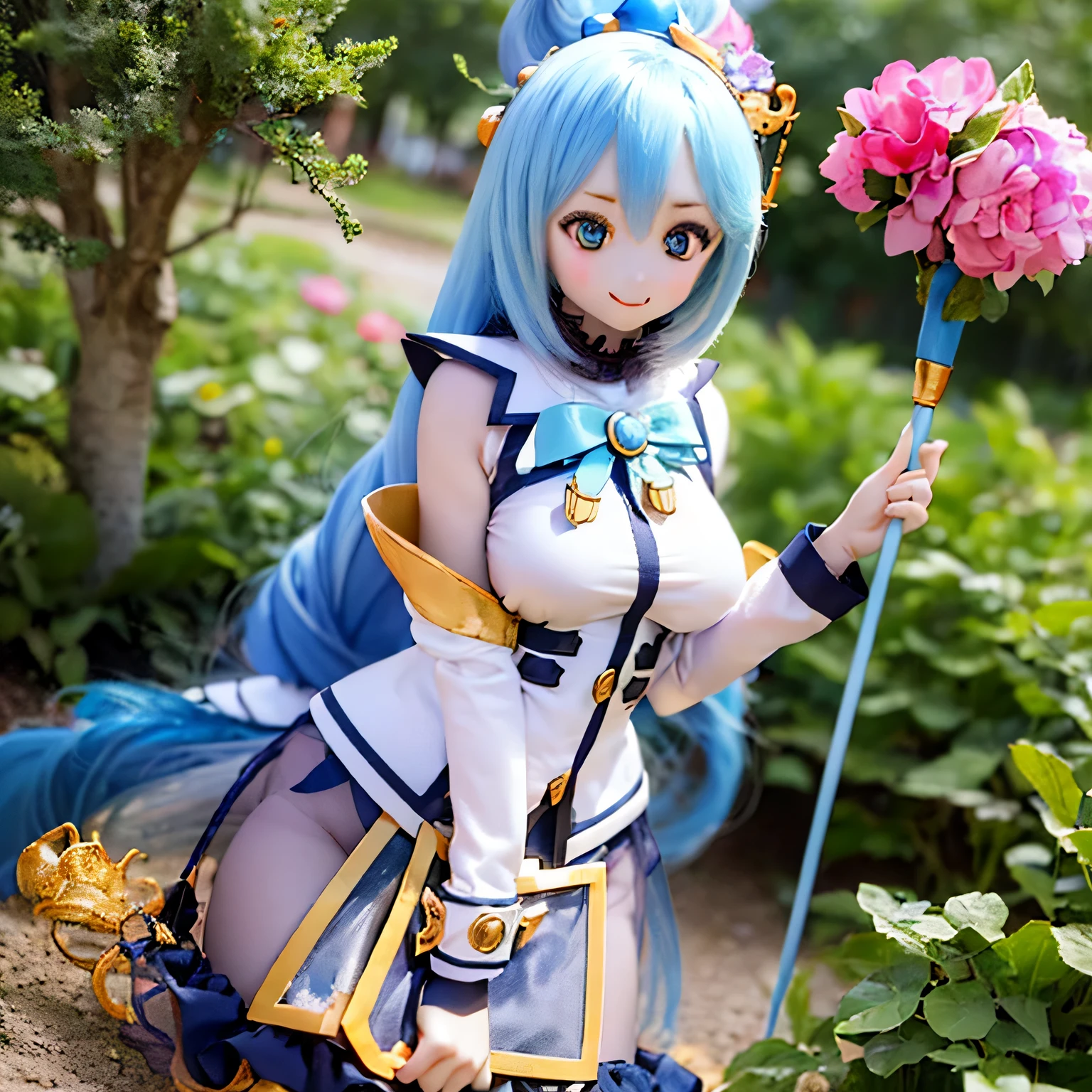 (a young girl with) blue hair, (wearing) a white and blue dress, (holding) a staff, (standing) in a lush, vibrant garden, (with) colorful flowers (blooming) around her, (under) a clear blue sky.
(portraits) of the girl, (photorealistic) rendering, (with) (ultra-detailed) features, (including) sparkling blue eyes, (rosy) lips, and (long) eyelashes.
(best quality, 4k, highres) image, (with) (vivid) colors, (highlighting) the girl's vibrant appearance.
(the garden is filled with) sunlight, (creating) a warm and inviting atmosphere, (with) gentle (sunbeams) illuminating the scene.villain pose
have a magic wand (((magic action)))smile leaning forward