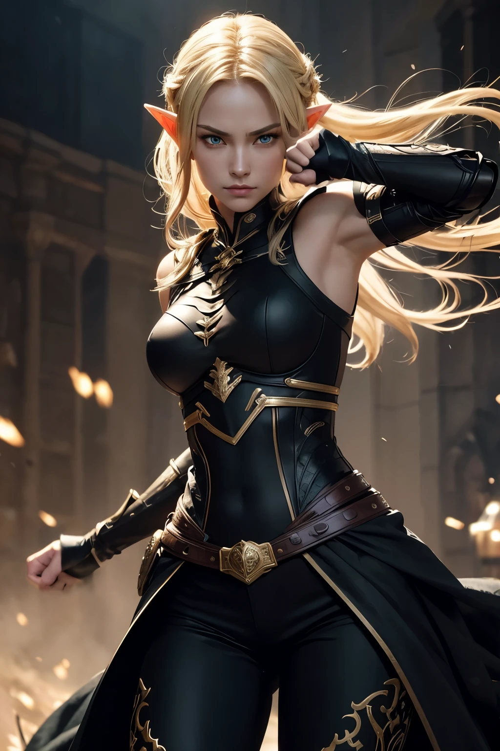 8K,An elf woman who is the vice-commander of the Knights of the Brave.,Super beautiful(like the real thing),green eyes,elf ears,blonde straight hair,muscular slim body,strongly cracked abdominal muscles,luxurious black exterior,luxury black combat pants,anger,long slit eyes,masterpiece,Photorealistic RAW photos of the highest quality。bright colors,rich colors, Backlight, cinematic lighting, film grain, to be born, 50MM lens, Nikon D850,realistic skin,fantasy art,character art,ultra high resolution,realistic scale skin,Perfect hand shape,view audience,beautiful expression,comb one&#39;s hair,very small breasts,豪華な黒いvery small breastsの胸鎧,luxurious black shoulder armor,luxury black gauntlets,luxurious black waist armor,luxury black leg armor,view audience,thin chest plate,perspective from above,Close-up,sharp gaze,Dynamic action scenes,Forms of anger,stand on the battlefield,fighting pose,battle in the wilderness,