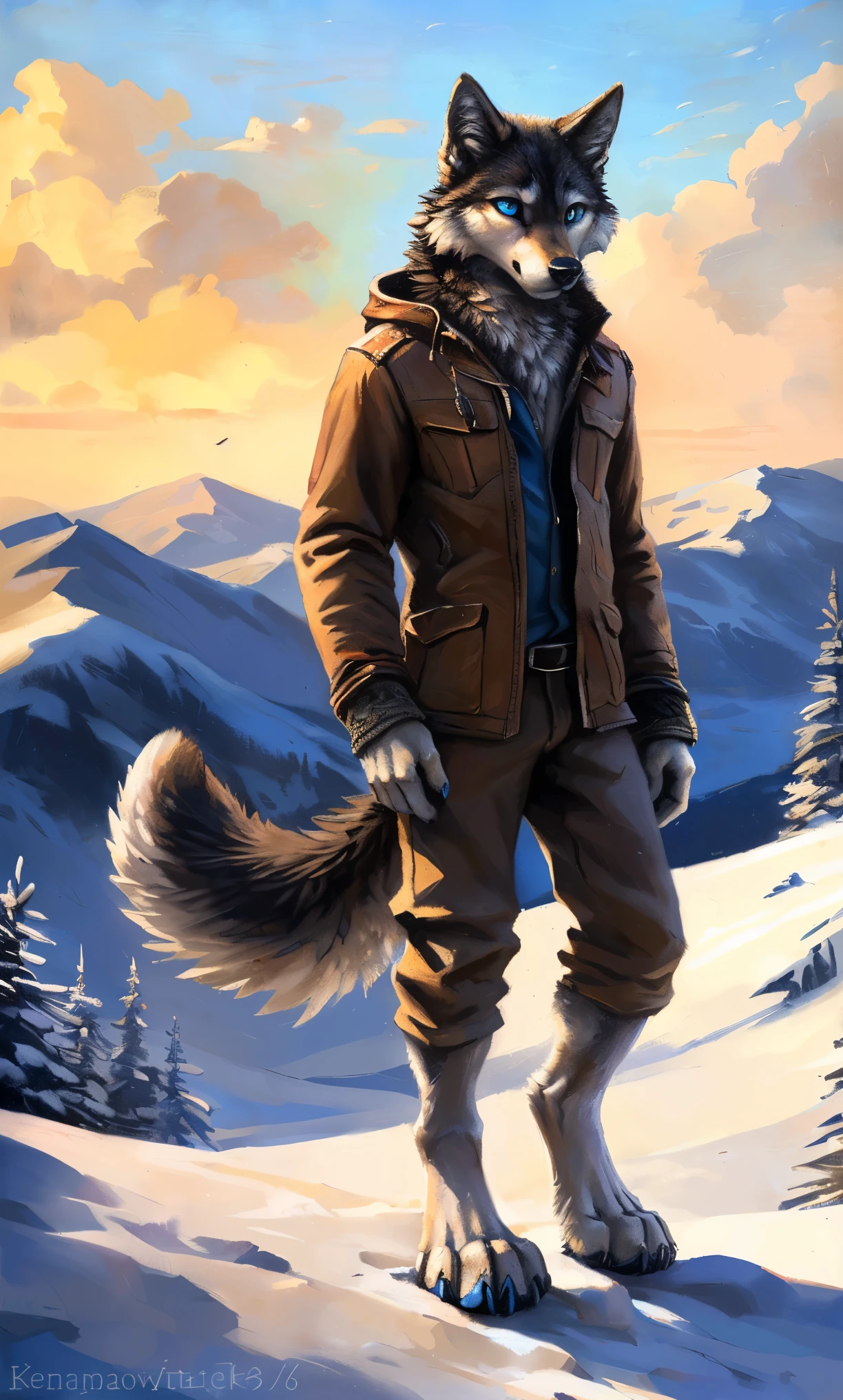 ((Solo)), male people, anthro wolf, (Multi-colored fur, White-brown:1.3,White tail pointed), (Height 2.1m,Tail length 1.2m), ((Wolf face, Big eyes, White eyelids, Blue pupil, Slim:1.2) (Tough, Calm expression:1.2)), Slim, pinging)), (Correct anatomy), (Winter clothing:1.1), The upper body naked, (detailed outfits),A long big tail,Feet,(Realistic fur, Detailed fur texture, labeled:1.3)), (Natural lighting), Photorealistic, Hyperrealistic, ultradetailed, by Kenket,Snowfield,erect through,Running on