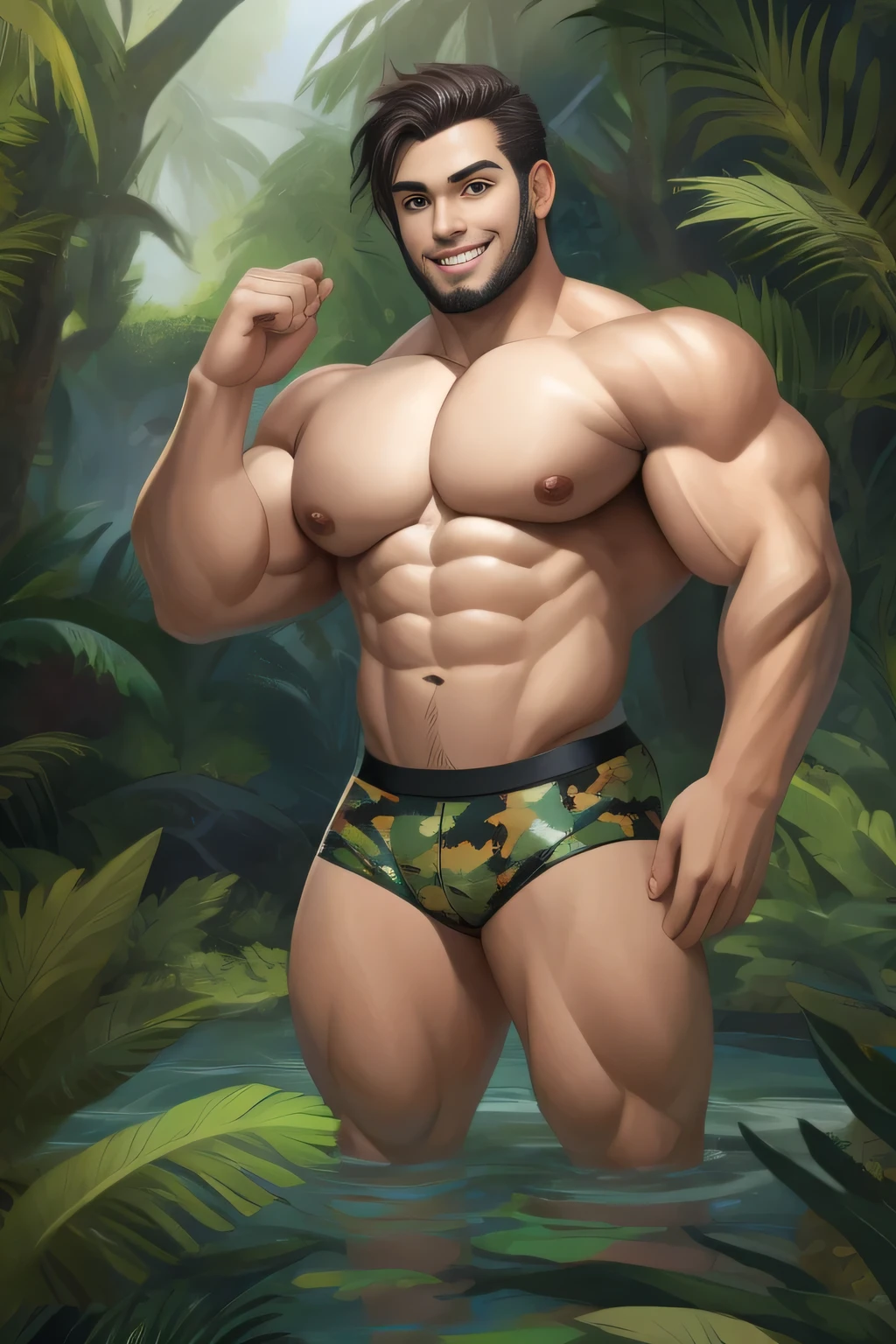 a man (human) in camouflage underwear posing for a picture, fantasy jungle, vascularity, john jude palencar, profile picture 1024px, natural contour aesthetics!!, insane smile, discord moderator, sub tropical, age 2 0, gains, rainforest, buttshape, wow!!!!!!, age 3 0, george kamitani, contrapposto