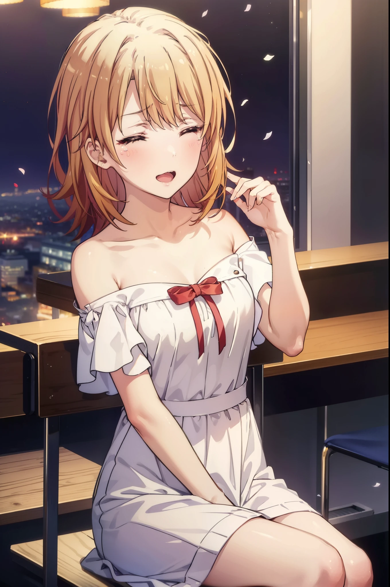 irohaisshiki, iroha isshiki, long hair, brown hair, smile,blush,open your mouth,close both eyes,tears run down her face,Crying with joy,cry a lot,white off shoulder dress,bare clavicle,bare shoulders,naked neck,long skirt,stiletto heels,A large cake, food, and ring case are placed on the table.,sitting in a chair,confetti,ロマンチックな雰囲気
break indoors, A restaurant with a beautiful night view,
break looking at viewer,
break (masterpiece:1.2), highest quality, High resolution, unity 8k wallpaper, (figure:0.8),  highly detailed face, perfect lighting, Very detailed CG, (perfect hands, perfect anatomy),