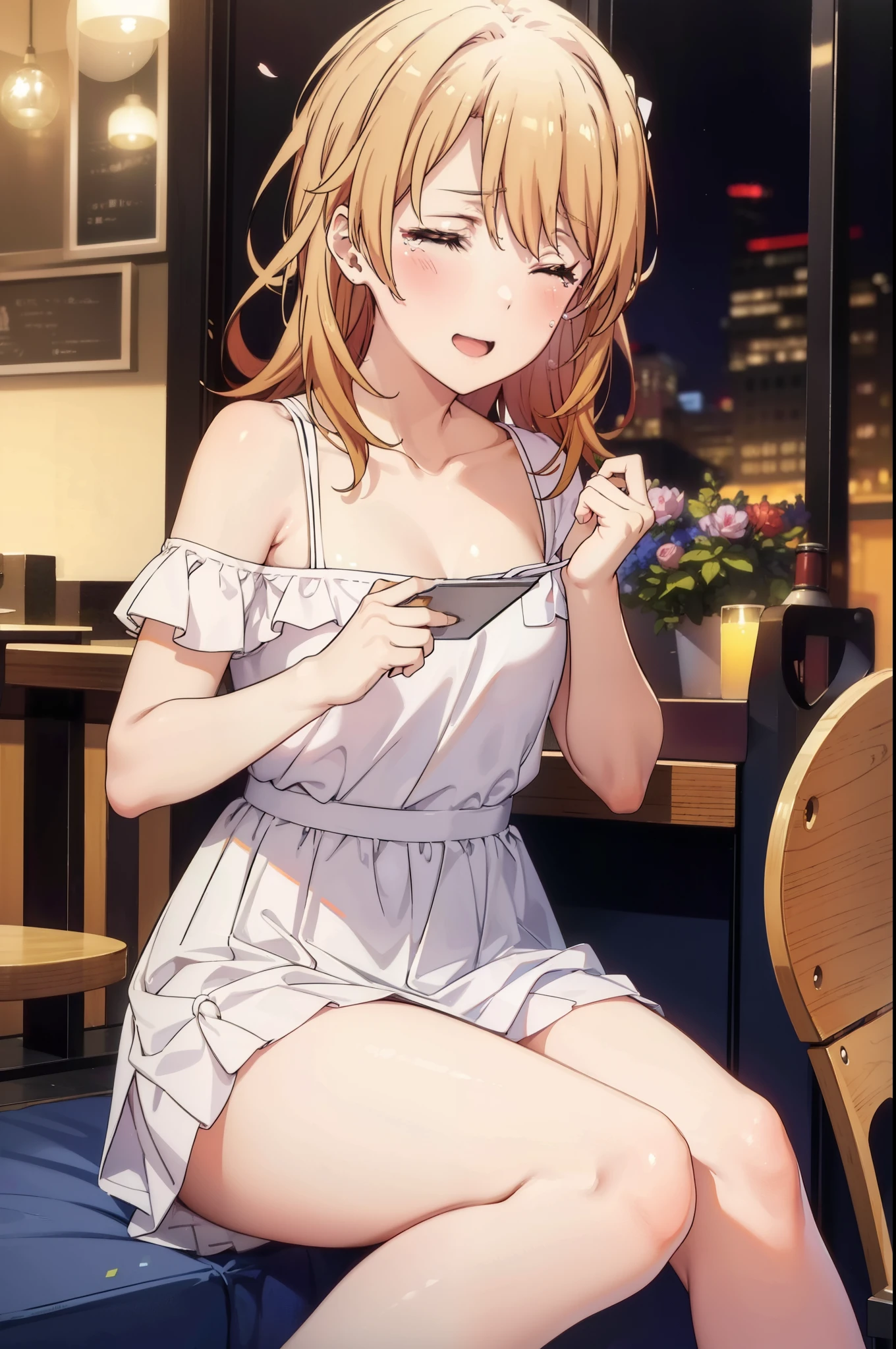 irohaisshiki, iroha isshiki, long hair, brown hair, smile,blush,open your mouth,close both eyes,tears run down her face,Crying with joy,cry a lot,white off shoulder dress,bare clavicle,bare shoulders,naked neck,long skirt,stiletto heels,A large cake, food, and ring case are placed on the table.,sitting in a chair,confetti,ロマンチックな雰囲気
break indoors, A restaurant with a beautiful night view,
break looking at viewer,
break (masterpiece:1.2), highest quality, High resolution, unity 8k wallpaper, (figure:0.8),  highly detailed face, perfect lighting, Very detailed CG, (perfect hands, perfect anatomy),