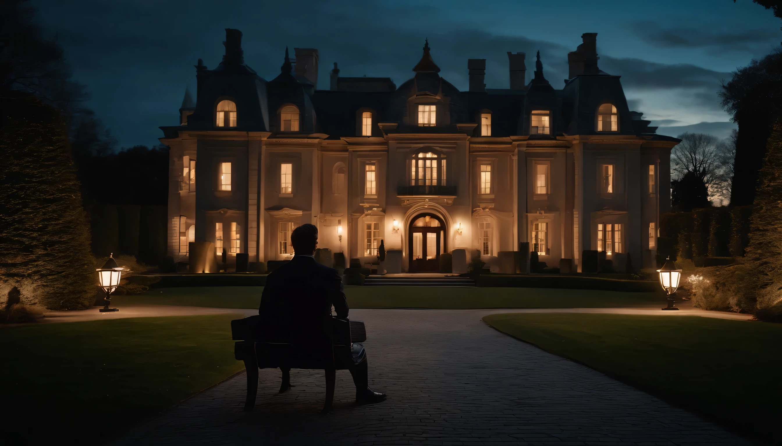 (A man) sitting on a bench in front of a large, luxurious mansion, viewed from behind. A fancy car is parked next to him on the driveway. Dramatic lighting and cinematic composition. Photorealistic, highly detailed, 8k resolution.  night 