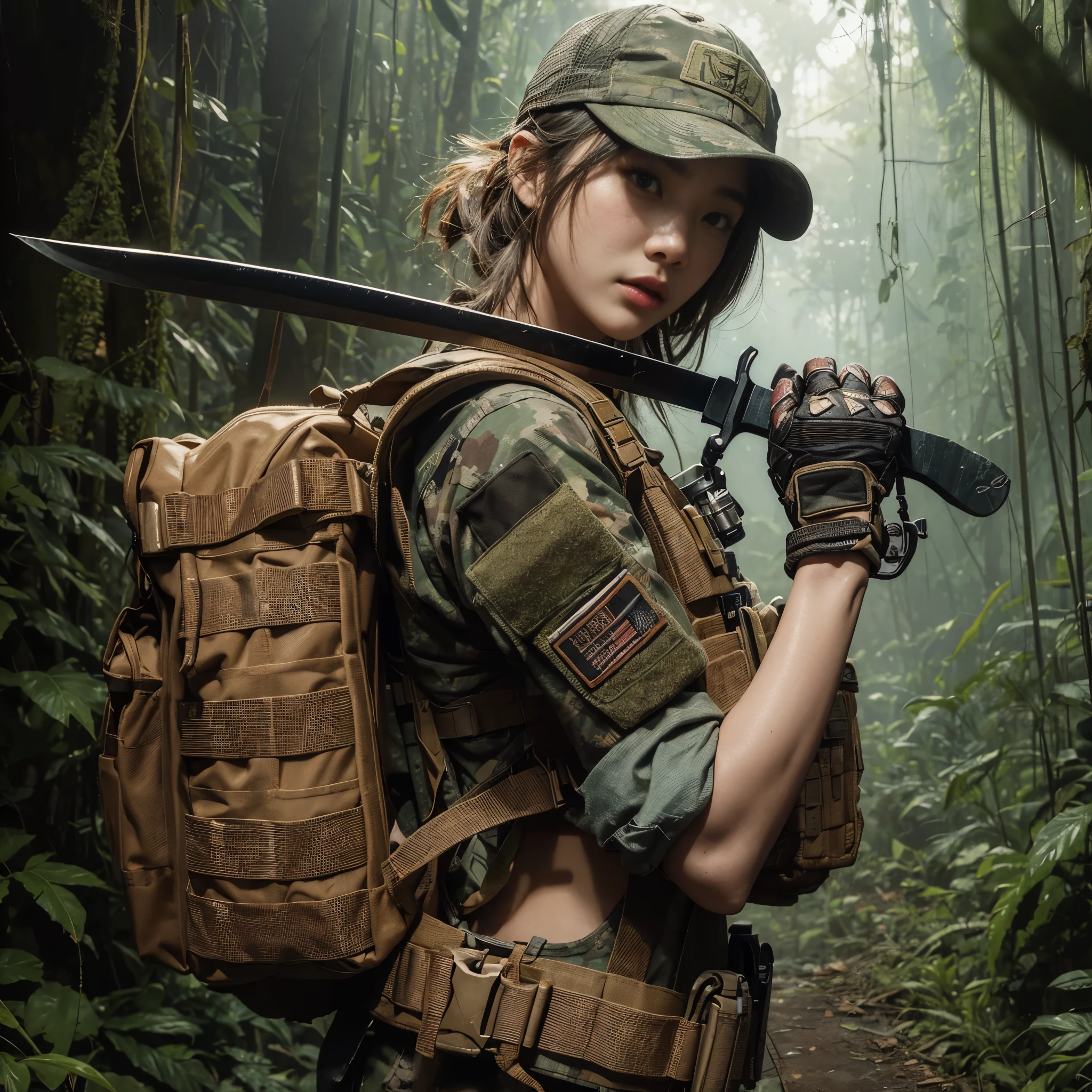 8K,realistic photo、realistic skin texture、A beautiful Japanese woman belonging to the American military is in the jungle.、bulletproof vest、、with caution、Backpack、wearing a baseball cap、Proceed while mowing down Vine with a large machete、moving action pose、、Dramatic and bold composition、、Zoom out