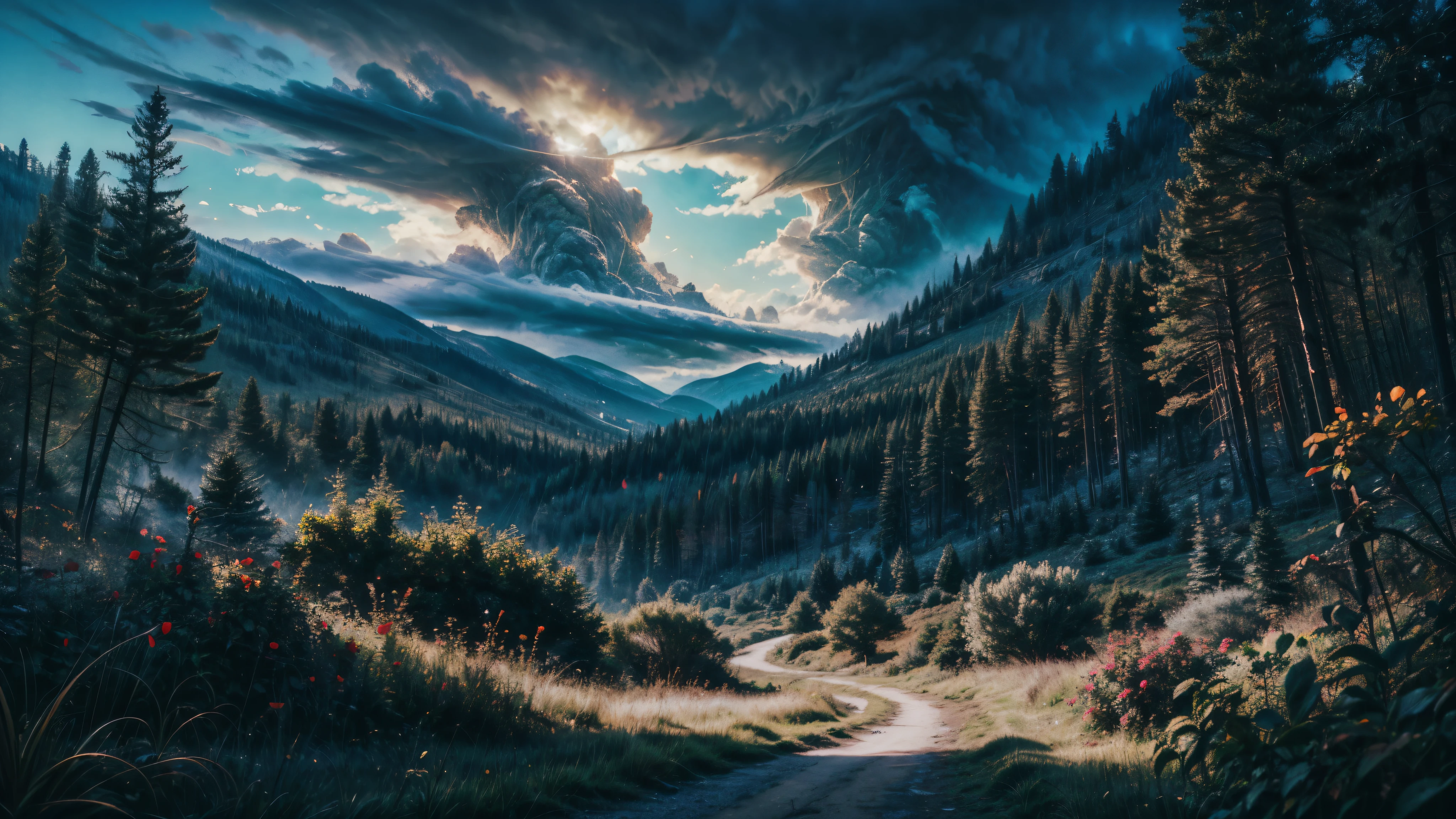 perfectly detailed RAW photo, in the summer forest, a valley in the forest, a moment before rain, view from below, huge detailed, light blue clouds, cinematic lighting, from below, wide shot, 8k, 4K, highres, best quality, award winning, super detail, masterpiece:1.4, peaceful, a moment before storm
