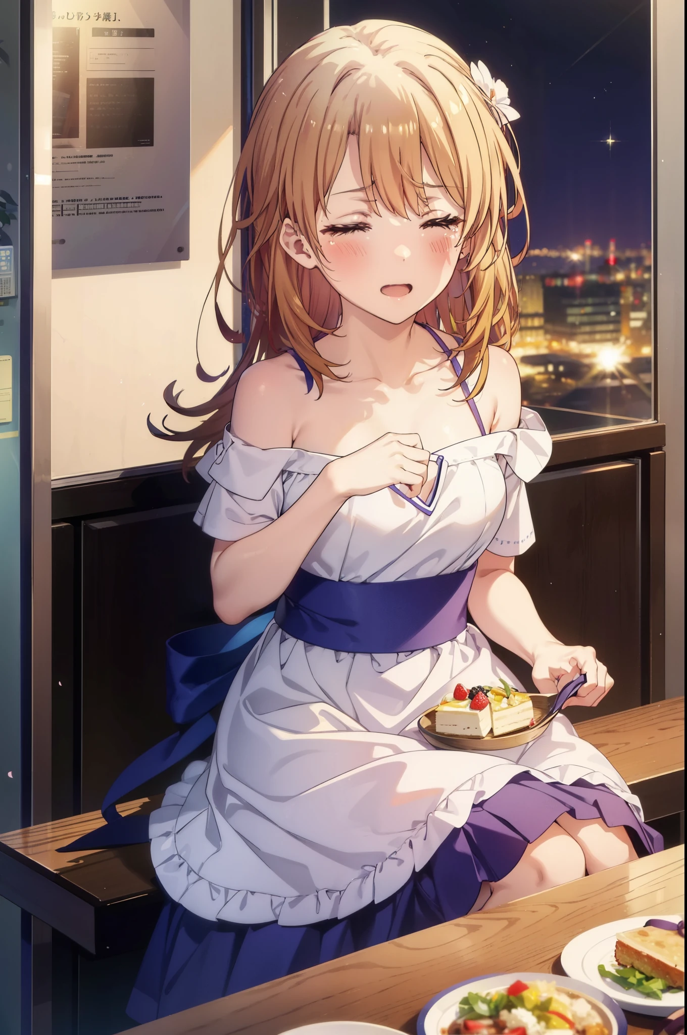 irohaisshiki, iroha isshiki, long hair, brown hair, smile,blush,open your mouth,close both eyes,tears run down her face,Crying with joy,cry a lot,white off shoulder dress,bare clavicle,bare shoulders,naked neck,long skirt,stiletto heels,A large cake, food, and ring case are placed on the table.,sitting in a chair,confetti,ロマンチックな雰囲気
break indoors, A restaurant with a beautiful night view,
break looking at viewer,
break (masterpiece:1.2), highest quality, High resolution, unity 8k wallpaper, (figure:0.8),  highly detailed face, perfect lighting, Very detailed CG, (perfect hands, perfect anatomy),