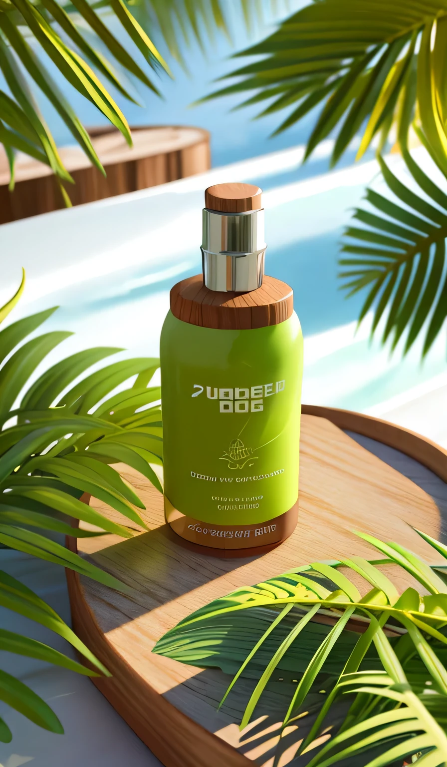 a close-up of a bottle of green liquid on a wooden board with peach palm, fotografia de produto, foto do produto altamente detalhada, commercial fotografia de produto, dramatic fotografia de produto, fotografia de produto 4 k, foto profissional do produto, foto do produto em close, studio fotografia de produto, professional fotografia de produto, foto de design de produto, high quality fotografia de produto, 3D Product Rendering, 3D rendering even when lit