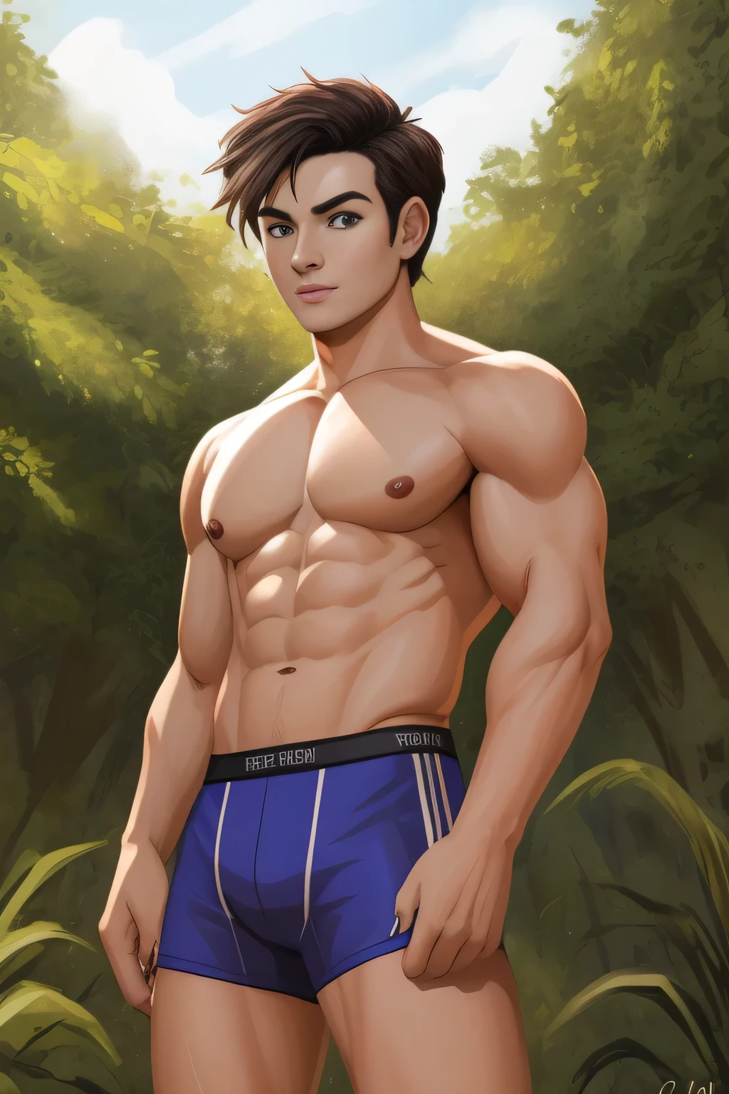 a (human) in camouflage underwear posing for a picture, fit physique, mixed race, tropical forest, eddie del rio, 19 year old, beautiful symmetric body, body fitted dart manipulation, romanesque, lush greens, beta male, matt murphy, beautiful body and face, bocage, in plastic, absolute chad (TEENirtless, topless