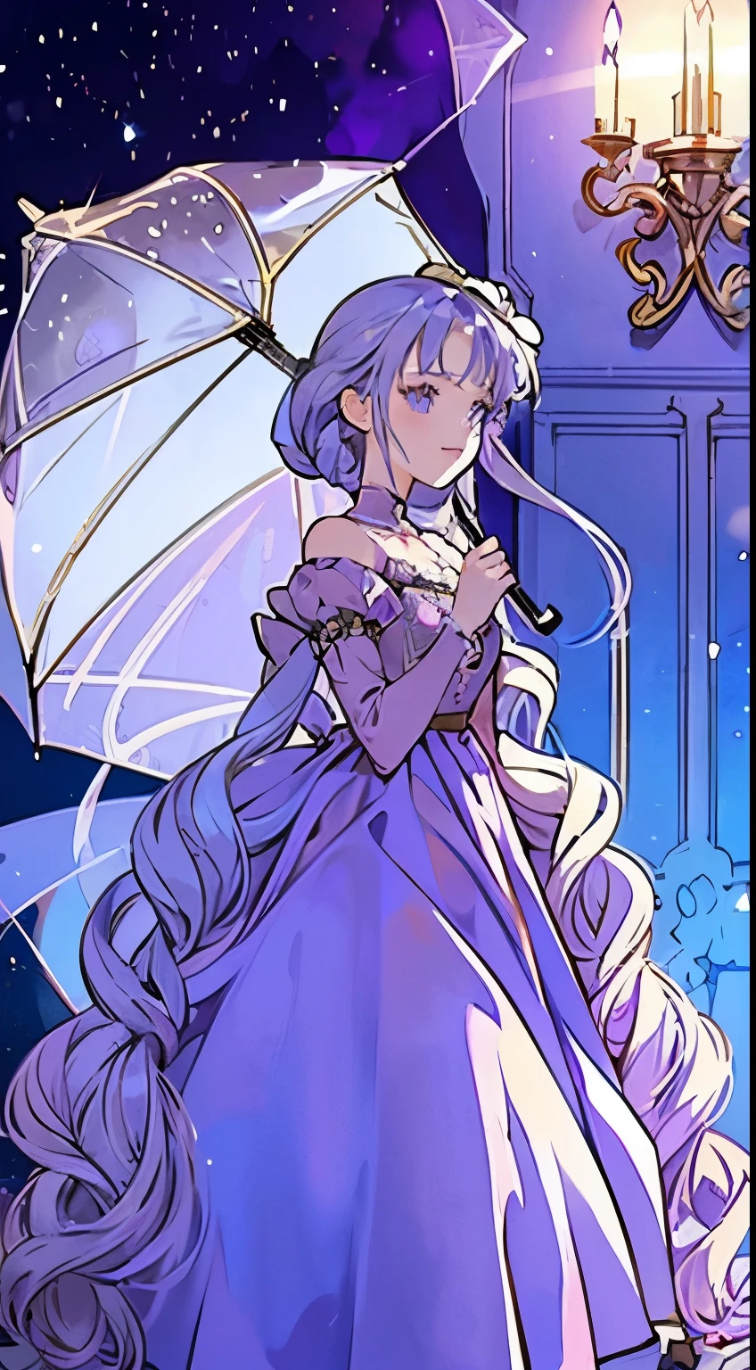 Anime girl wearing purple skirt holding umbrella in dark room,Moon themed clothing,fantasy costumes,rococo cyberpunk,Elegant gothic princess,Black and purple clothes,gothic shoujo anime girl,astral witch clothes,ta fashion,((beautiful fantasy queen)),Charming hypnotic woman,Dress up in a dreamy formal attire,lulua studio,fairy tale core,I'm going