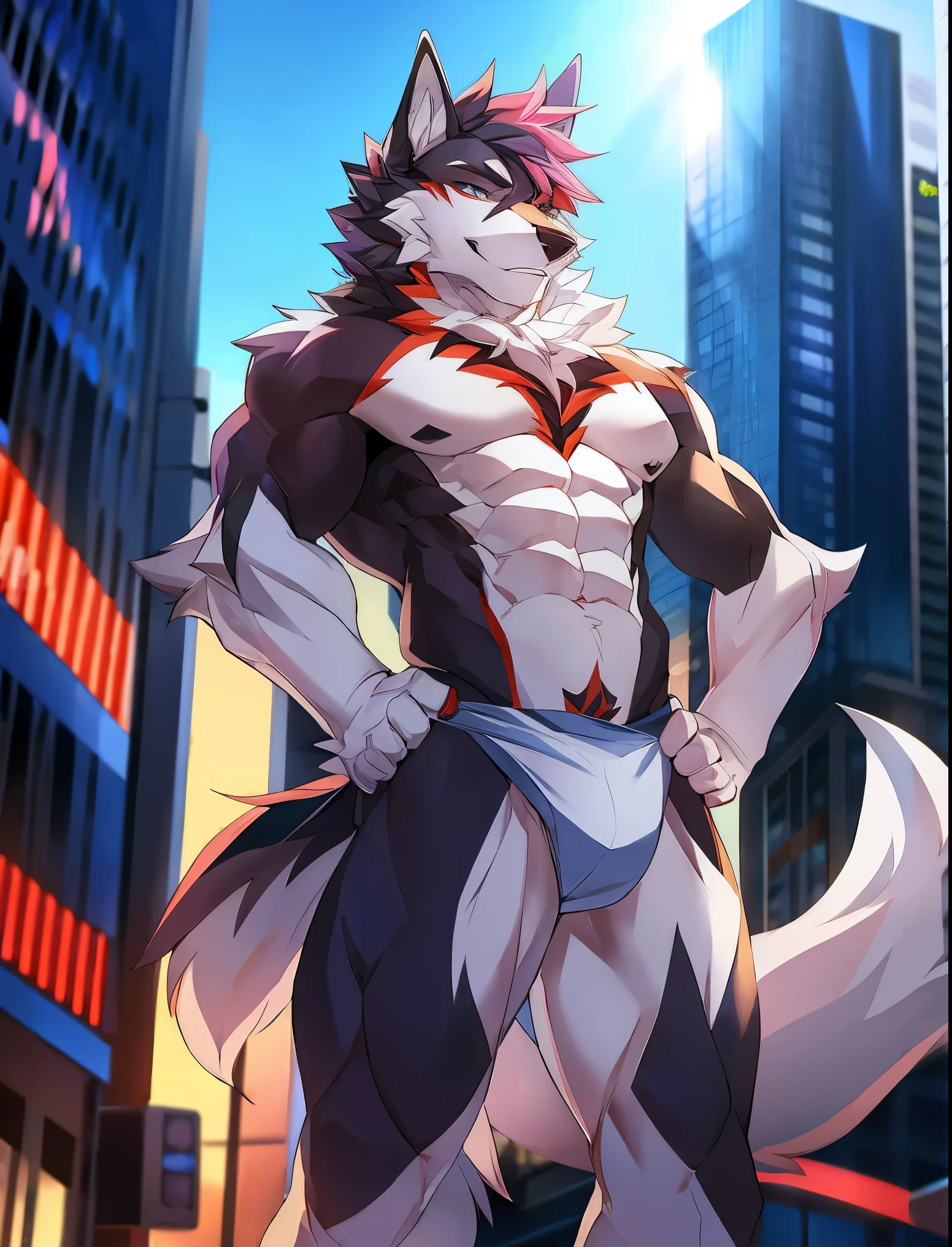 ((Solo)), male people, anthro wolf, (Multi-colored fur, White tail pointed), (Height 3meters,Tail length 2meters), Abs, pinginuscular, A long big tail, by patto, modern city