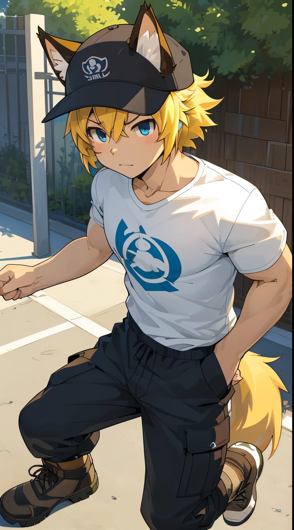 (Masterpiece, best quality), detailed, a couple of comics, (1boy, wolfboy, t-shirt, cargo pants, military boots, brown eyes, detailed face, (athletics physical form), (wolf features, wolf tail, wolf ears:1), black hair color, detailed hair, short military style haircut), (1girl, catgirl, summer dress, summer hat, shoes, blue eyes, detailed face, (athletics physical form), (cat features, cat tail, cat ears:1), blonde hair color, detailed hair, long style haircut), full of details, manga page, doujin, ddlc, anime, manga panel
