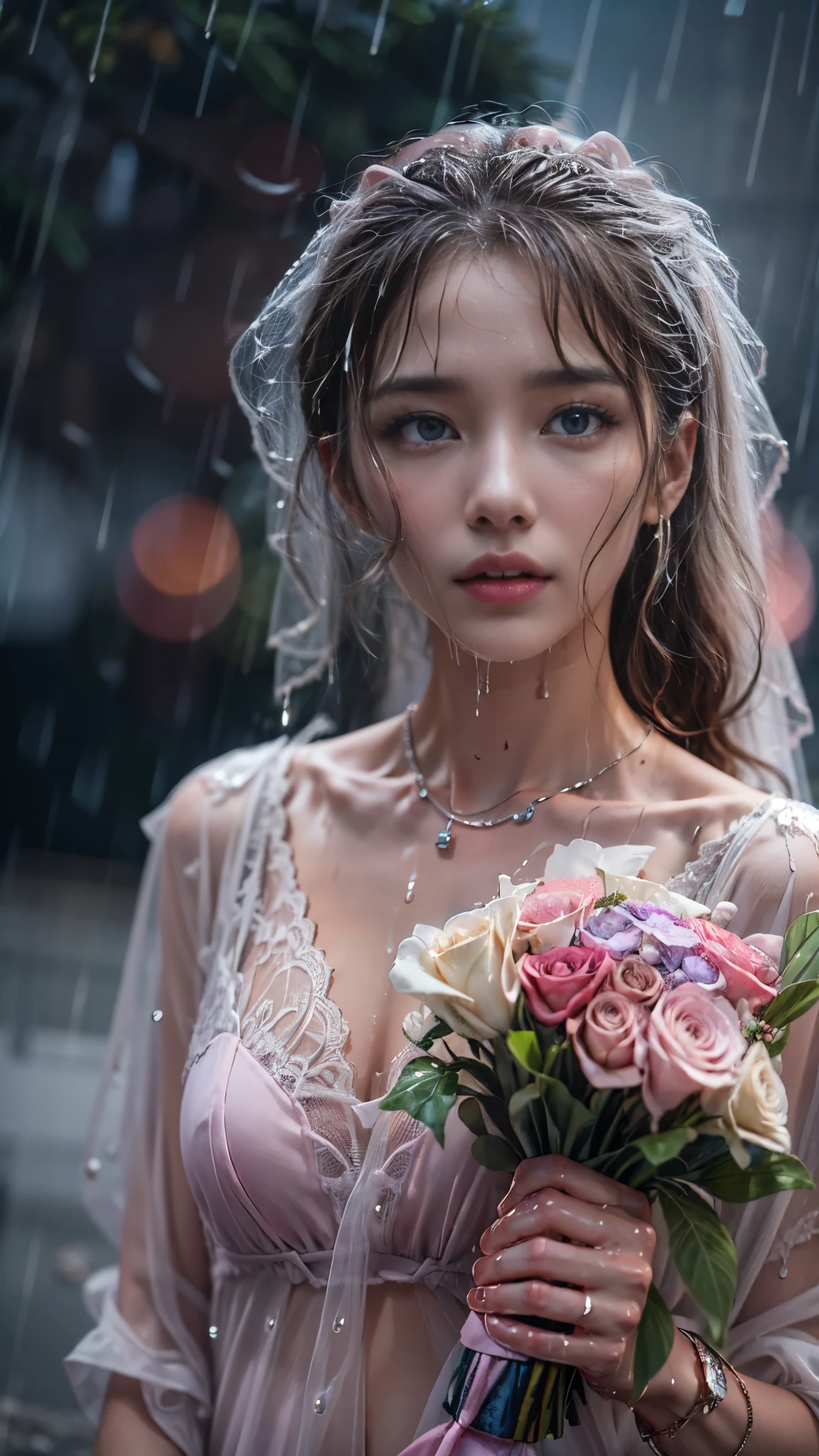 (RAW shooting, Photoreal:1.5, 8K, highest quality, masterpiece, ultra high resolution), (((Typhoon heavy rain))), perfect dynamic composition:1.2, (In front of a church at night in a modern city, expression of sadness:1.1, Tears are flowing:1.1, cry with a broken heart:1.1), Highly detailed skin and facial textures:1.2, Slim office lady wet in the rain:1.3, cowboy shot, Fair skin:1.2, sexy beauty:1.1, perfect style:1.2, beautiful and aesthetic:1.1, very beautiful face:1.2, water droplets on the skin, (rain drips all over my body:1.2, wet body:1.2, wet hair:1.3), (Holding a wet bouquet:1.2, wet pink wedding dress:1.3), (Medium chest, Bra is transparent, Chest gap),  (Eyes that feel beautiful eros:0.8), (Too erotic:0.9, Bewitching:0.9), necklace, earrings, bracelet