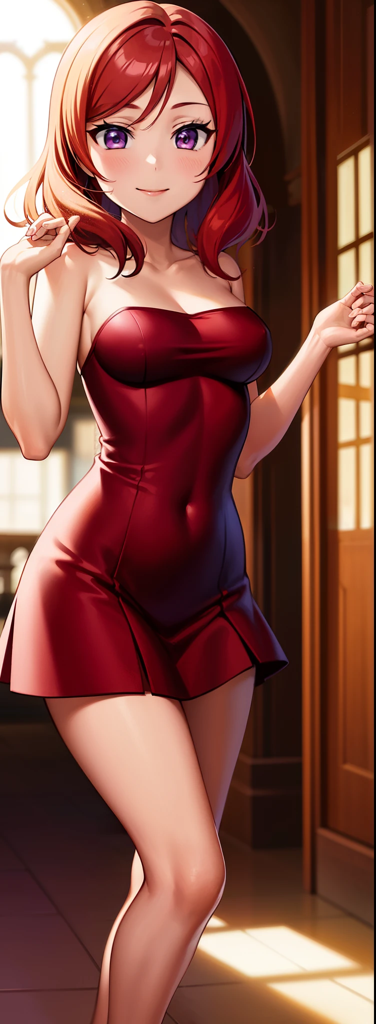 (Masterpiece, Best Quality, High Quality), volumetric lighting, illustration, beautiful,red camisole dress,solo, seductive, perfect lighting, perfect shadows, nishikino maki, purple eyes,red hair, closed mouth, smile, sunlight, outdoors , strapless