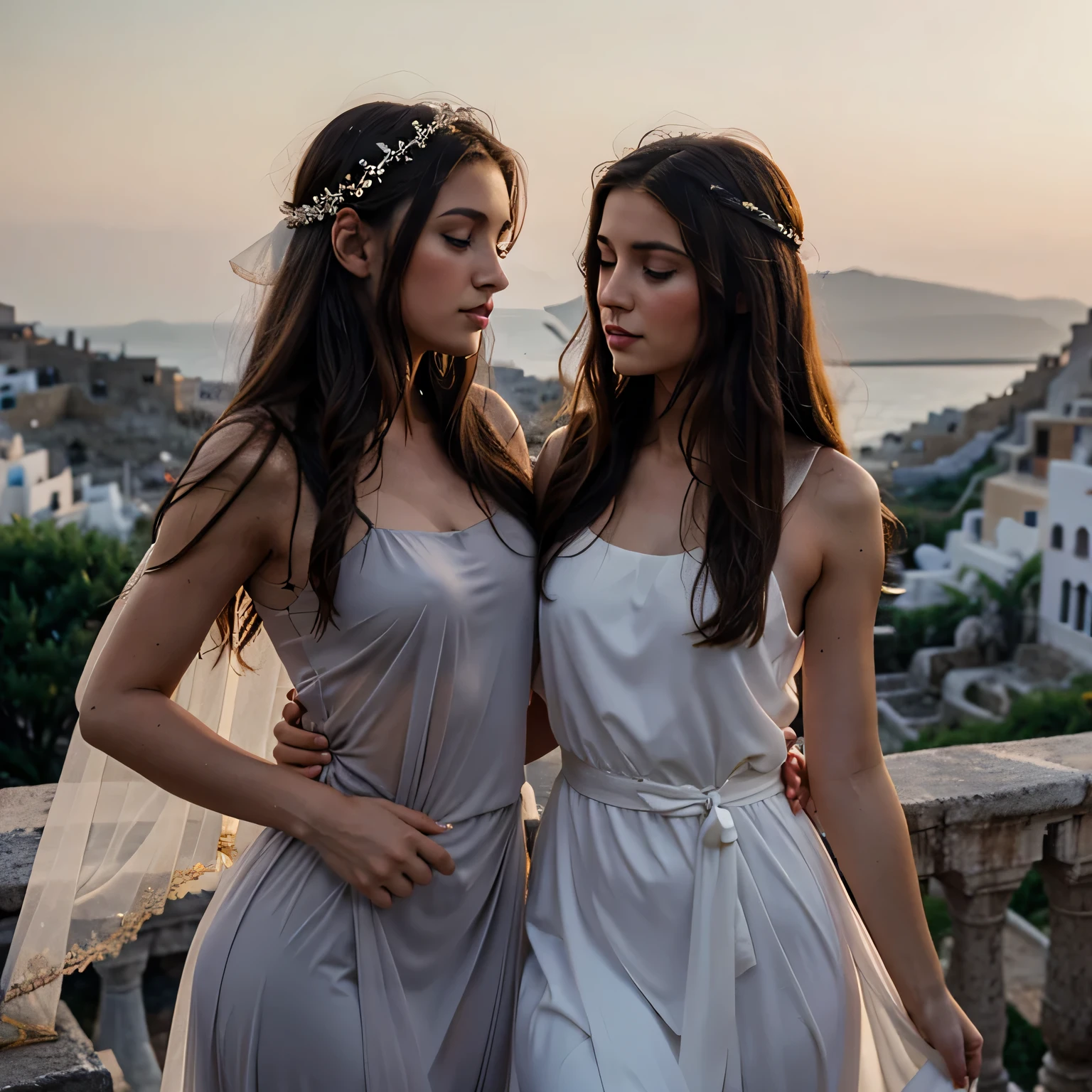 Albanian, girl, long brown hair, blue eyes, 1. Brunettes, See-through gowns, Vestal virgins, Old Greece, Ethereal beauty,Ancient attire, Mystical aura, Classical elegance, Transparent garments, Timeless allure, 2 girls who gets married and stands in front of many people, nsfw, kissing,