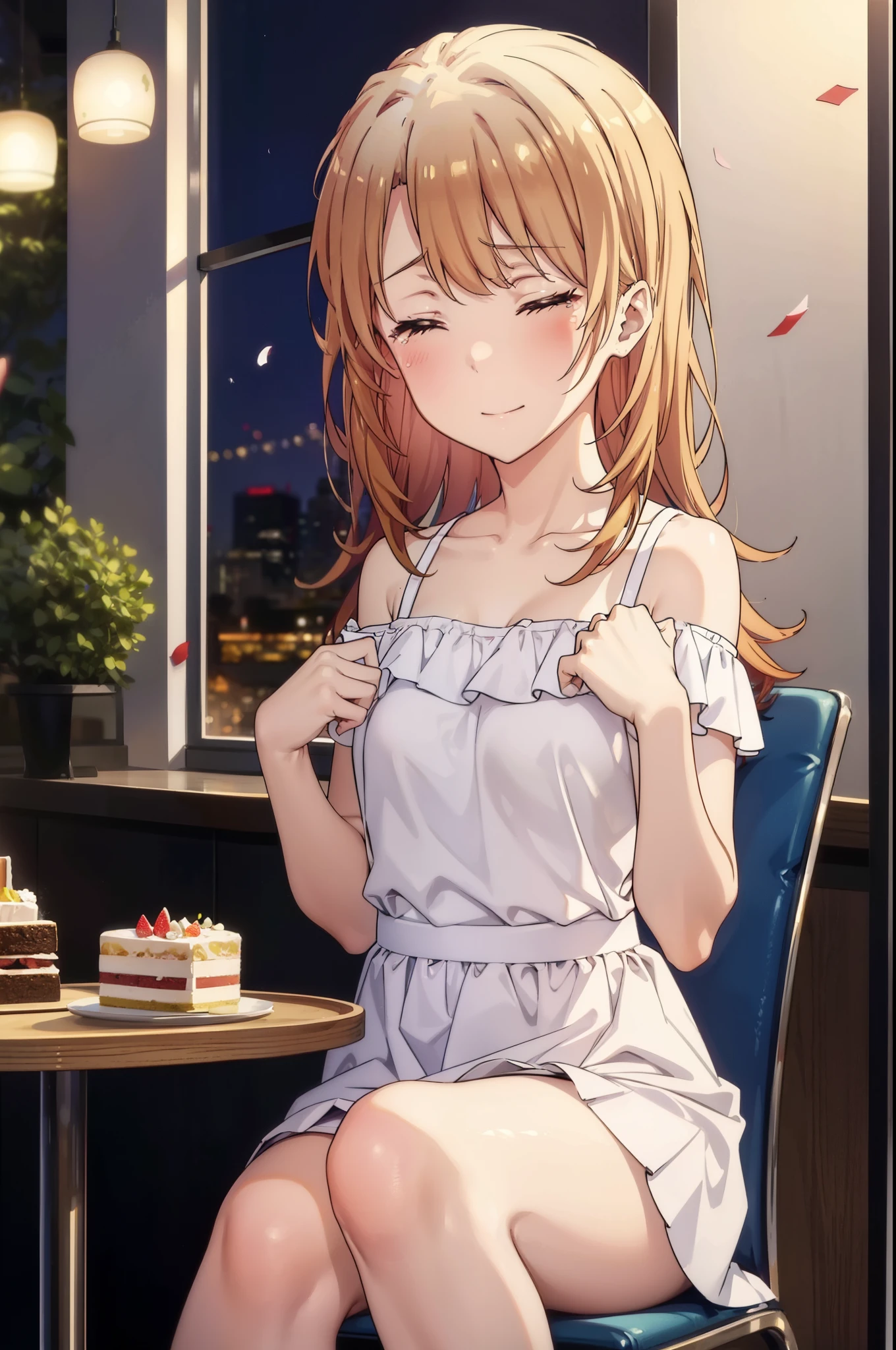 irohaisshiki, iroha isshiki, long hair, brown hair, smile,blush,open your mouth,close both eyes,tears run down her face,Crying with joy,cry a lot,white off shoulder dress,bare clavicle,bare shoulders,naked neck,long skirt,stiletto heels,A large cake, food, and ring case are placed on the table.,sitting in a chair,confetti,ロマンチックな雰囲気
break indoors, A restaurant with a beautiful night view,
break looking at viewer,
break (masterpiece:1.2), highest quality, High resolution, unity 8k wallpaper, (figure:0.8),  highly detailed face, perfect lighting, Very detailed CG, (perfect hands, perfect anatomy),