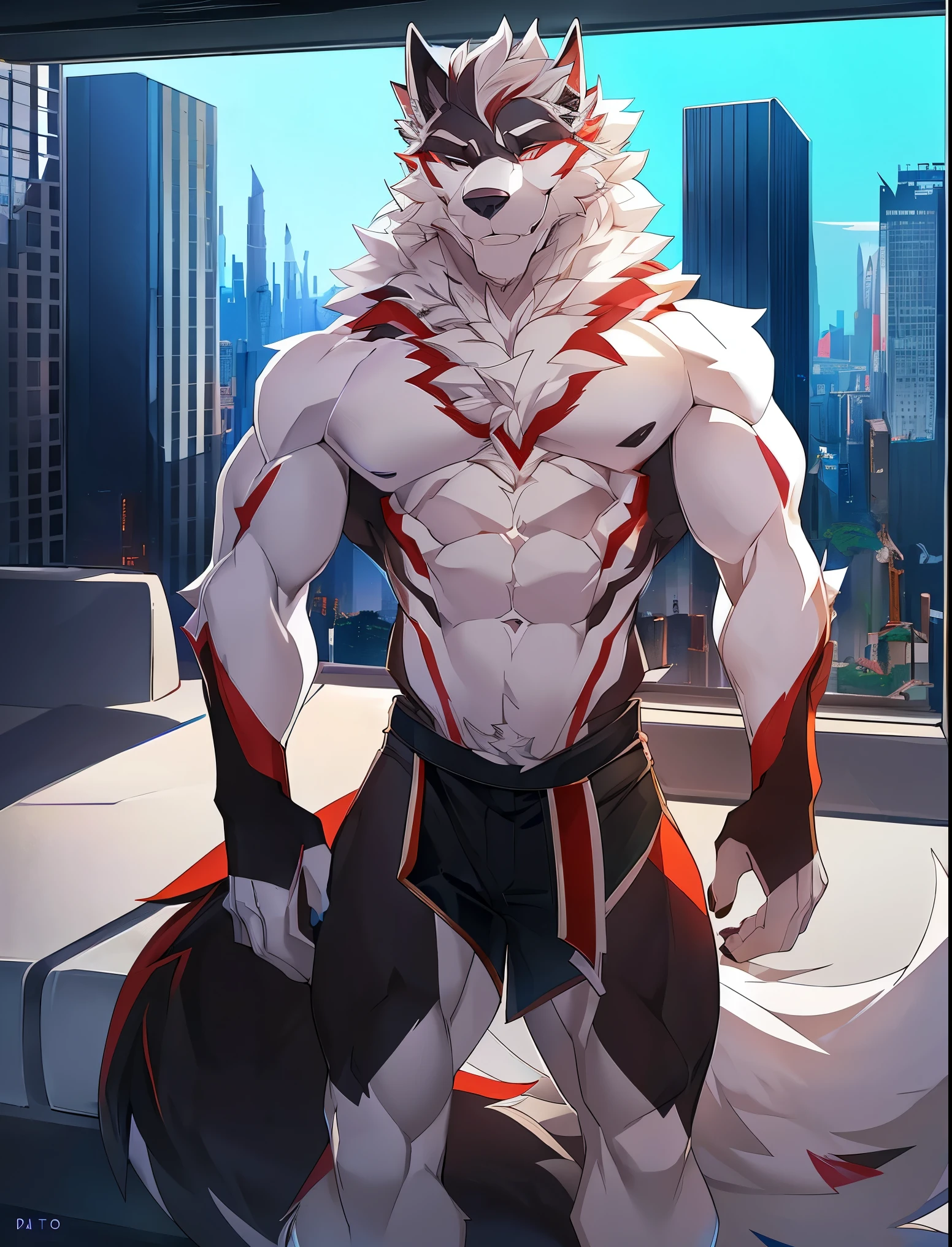 ((Solo)), male people, anthro wolf, (Multi-colored fur, White tail pointed), (Height 3meters,Tail length 2meters), Abs, pinginuscular, A long big tail, by patto, modern city