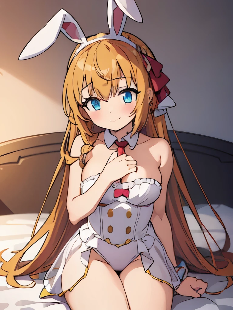 ((muste piece)), ((best quality)), (Super detailed), anime style etc.,peeing on the bed, pretty girl, 1 girl, solo, ((beautiful eyes)), shy smile, small breast, bunny girl00