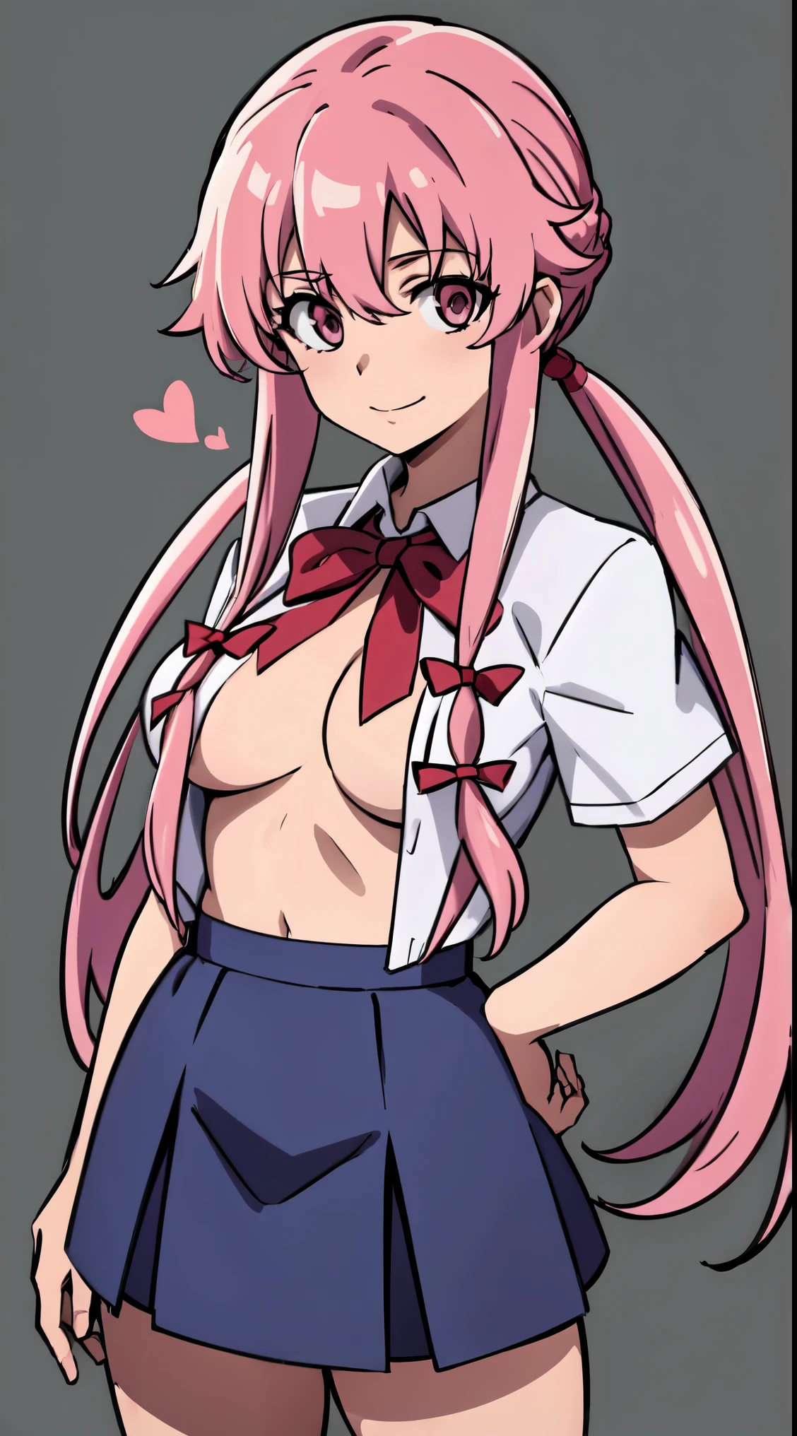 1girl, solo, breasts, pink_hair, yandere, blood, long_hair, heart, skirt, open_shirt, smile, open_clothes, pink_eyes, shirt, knife, twintails, cleavage, looking_at_viewer, medium_breasts, simple_background, white_background, areola_slip, large_breasts, weapon, pleated_skirt, empty_eyes