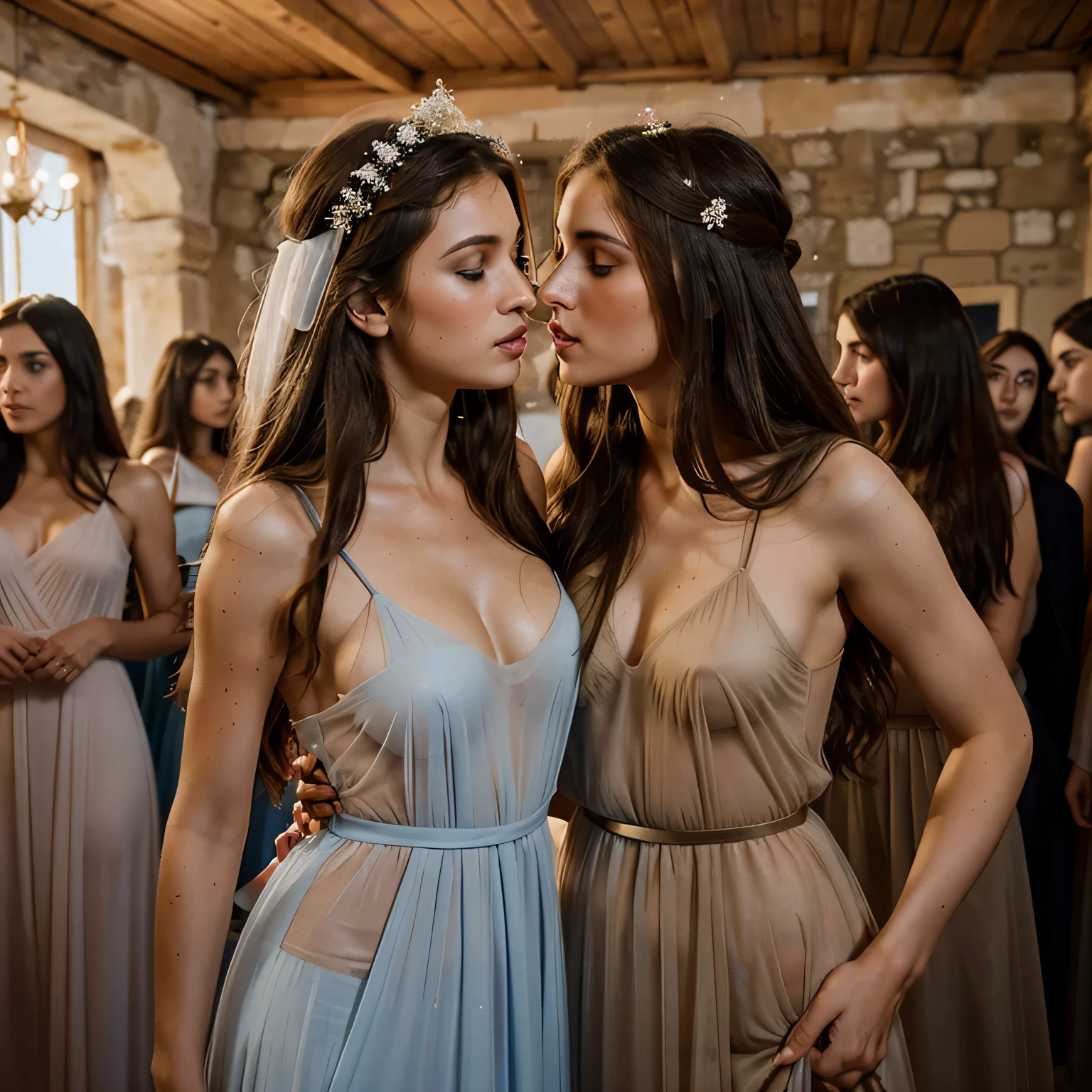 Albanian, girl, long brown hair, blue eyes, Brunettes, See-through gowns, Vestal virgins, Old Greece, Ethereal beauty, Ancient attire, Mystical aura, Classical elegance, Transparent garments, Timeless allure, 2 girls who gets married and stands in front of many people, nsfw, kissing, 