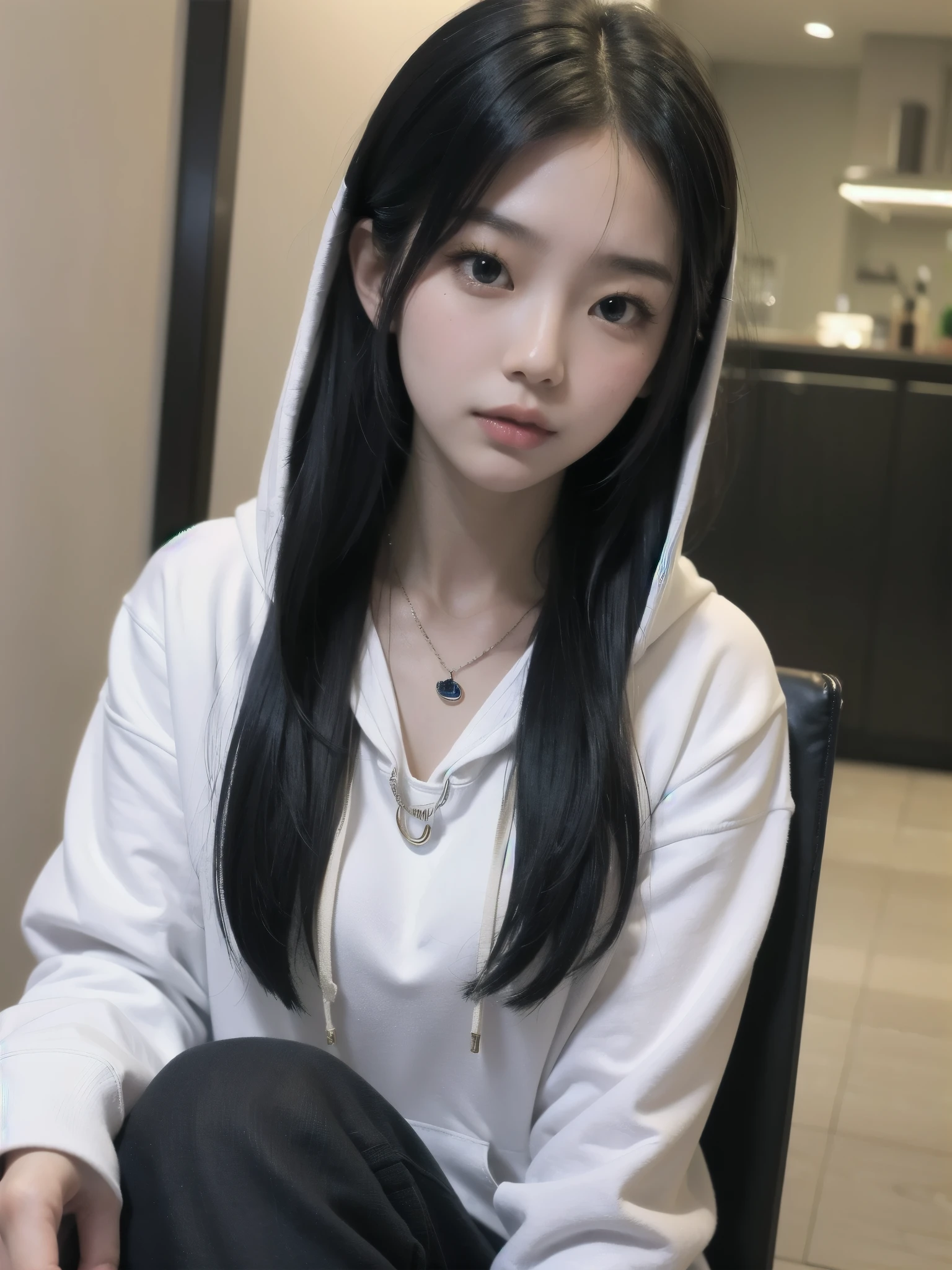 Close up of woman wearing hoodie and necklace, Best Face, black haired girl wearing hoodie, asian girl with long hair, girl wearing hoodie, Korean woman, with long hair, beautiful asian girl, Chinese woman, young and cute girl, young cute white asian face, asian girl, young asian girl, White hime cut hairstyle, a cute young woman