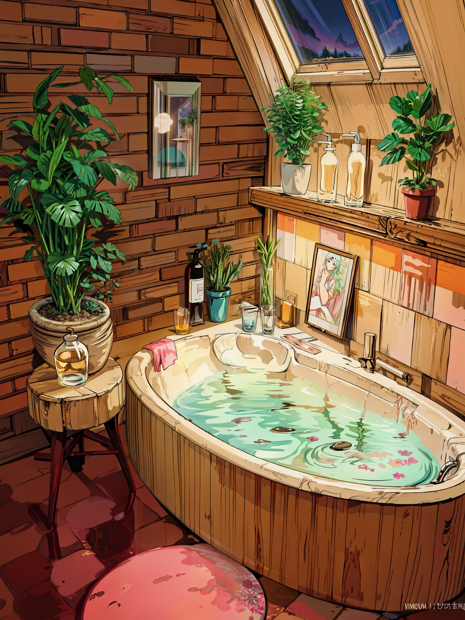 a bathroom with a bathtub and a potted plant, bathtub, cute room, pink water in a large bath, sweet night ambient, interior of a bathroom, relaxing calm vibes, inspired by Edward Okuń, painting of a room, sad lonely mellow vibes, lofi aesthetic, cozy room, cozy wallpaper, cozy place, lofi album art, cozy atmospheric, 4k hd,, beautiful art uhd 4 k, a beautiful artwork illustration, beautiful digital painting, highly detailed digital painting, beautiful digital artwork, detailed painting 4 k, very detailed digital painting, rich picturesque colors, gorgeous digital painting
