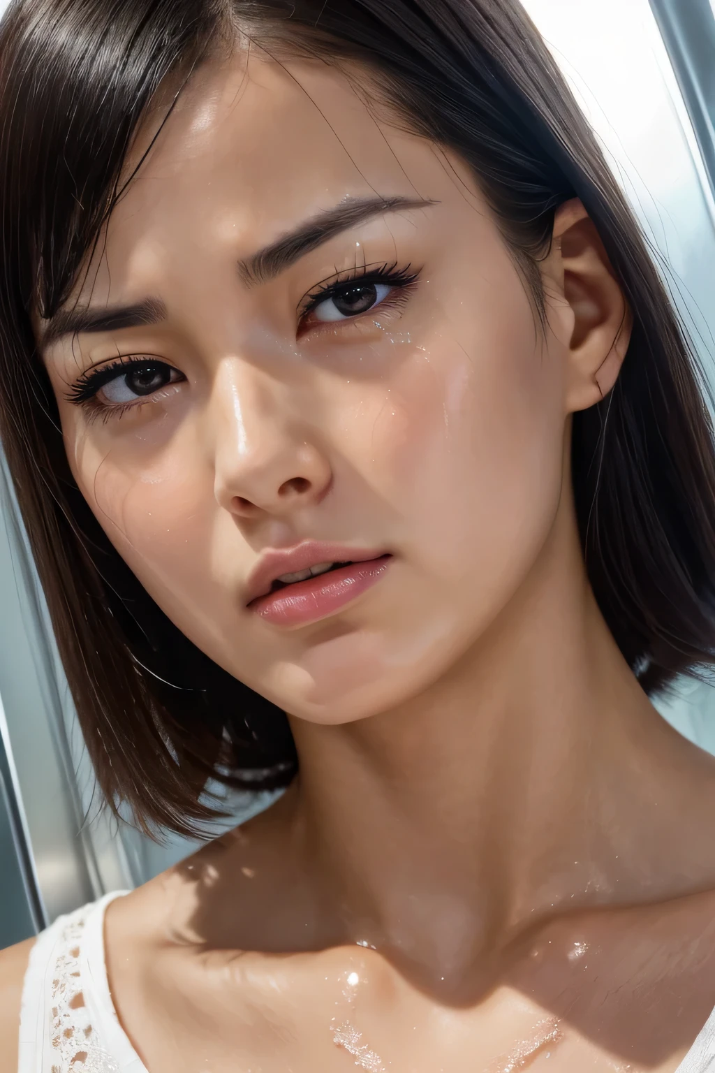 beautiful japanese,1 girl(masterpiece:1.2, highest quality), (realistic, photorealistic:1.4),, focus the eyes clearly, nose and mouth,face focus, super close up of face、 35 years old,black hair、symmetrical face,realistic nostrils、Angle from below、Elongated C-shaped nostril NSFW,(sharp nose)skin shining with sweat、shiny skin((thin eyebrows))oily skin、radiant glowing skin、double eyelid、Beautiful woman、medium hair,sharp nose（inside the elevator）((half-closed eyes,furrowed brow,frown,heavy breathing, moaning,heavy breathing,screaming, tearing up,scowl, saliva trail))((Drool is dripping from the corner of your lips.)),looking at viewer