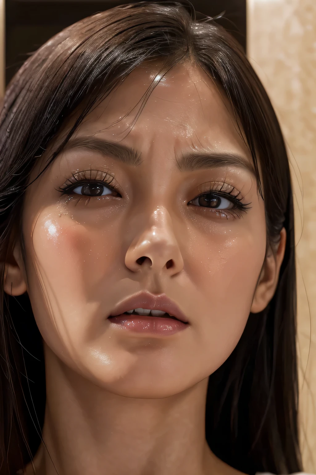 beautiful japanese,1 girl(masterpiece:1.2, highest quality), (realistic, photorealistic:1.4),, focus the eyes clearly, nose and mouth,face focus, super close up of face、 35 years old,black hair、symmetrical face,realistic nostrils、Angle from below、Elongated C-shaped nostril NSFW,(sharp nose)skin shining with sweat、shiny skin((thin eyebrows))oily skin、radiant glowing skin、double eyelid、Beautiful woman、medium hair,sharp nose（inside the elevator）((half-closed eyes,furrowed brow,frown,heavy breathing, moaning,heavy breathing,screaming, tearing up,scowl, saliva trail))((Drool is dripping from the corner of your lips.)),looking at viewer