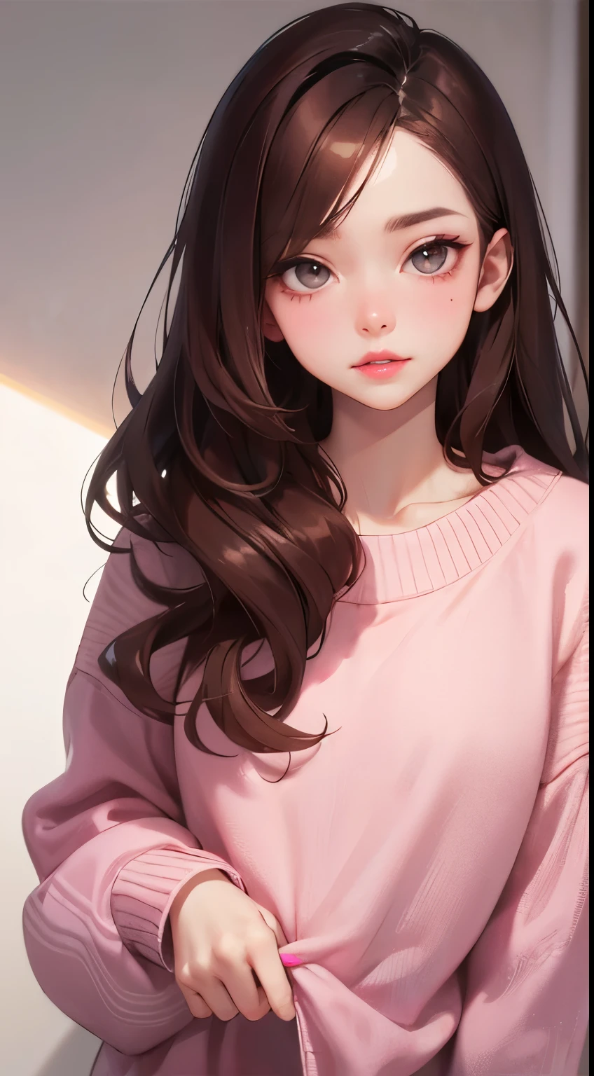 Girl, long brown hair, gray eyes, sharp features, white skin, pink lips, soft and thin, sweater