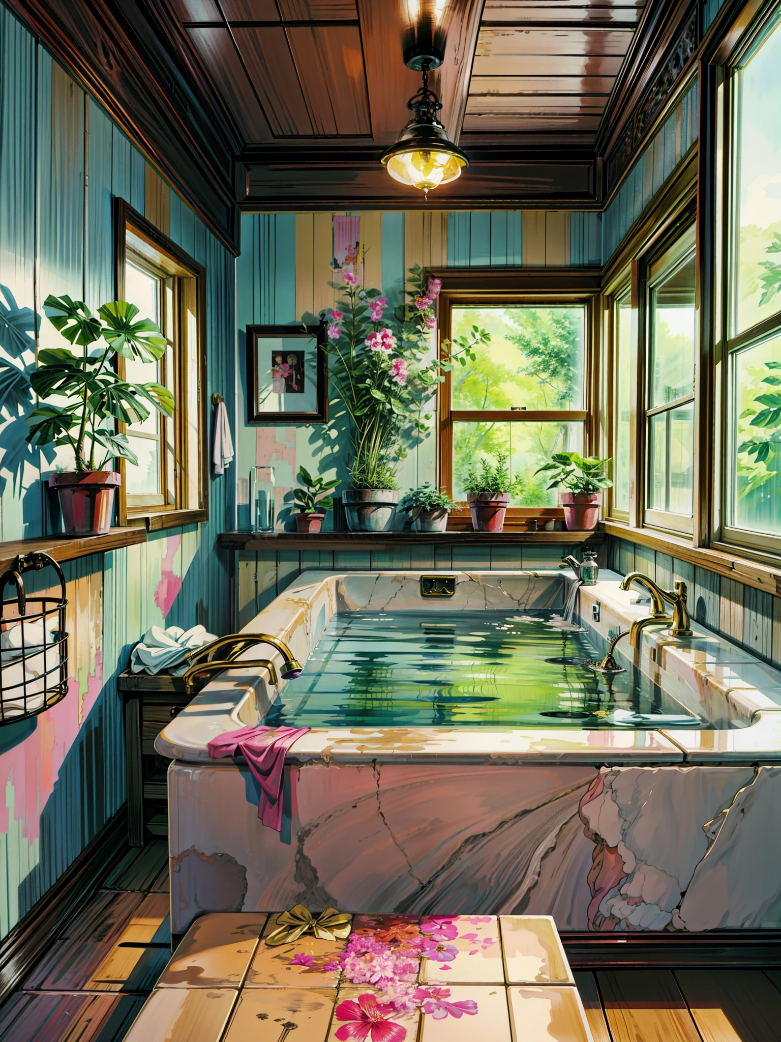 a bathroom with a bathtub and a potted plant, bathtub, cute room, pink water in a large bath, sweet night ambient, interior of a bathroom, relaxing calm vibes, inspired by Edward Okuń, painting of a room, sad lonely mellow vibes, lofi aesthetic, cozy room, cozy wallpaper, cozy place, lofi album art, cozy atmospheric, 4k hd,, beautiful art uhd 4 k, a beautiful artwork illustration, beautiful digital painting, highly detailed digital painting, beautiful digital artwork, detailed painting 4 k, very detailed digital painting, rich picturesque colors, gorgeous digital painting