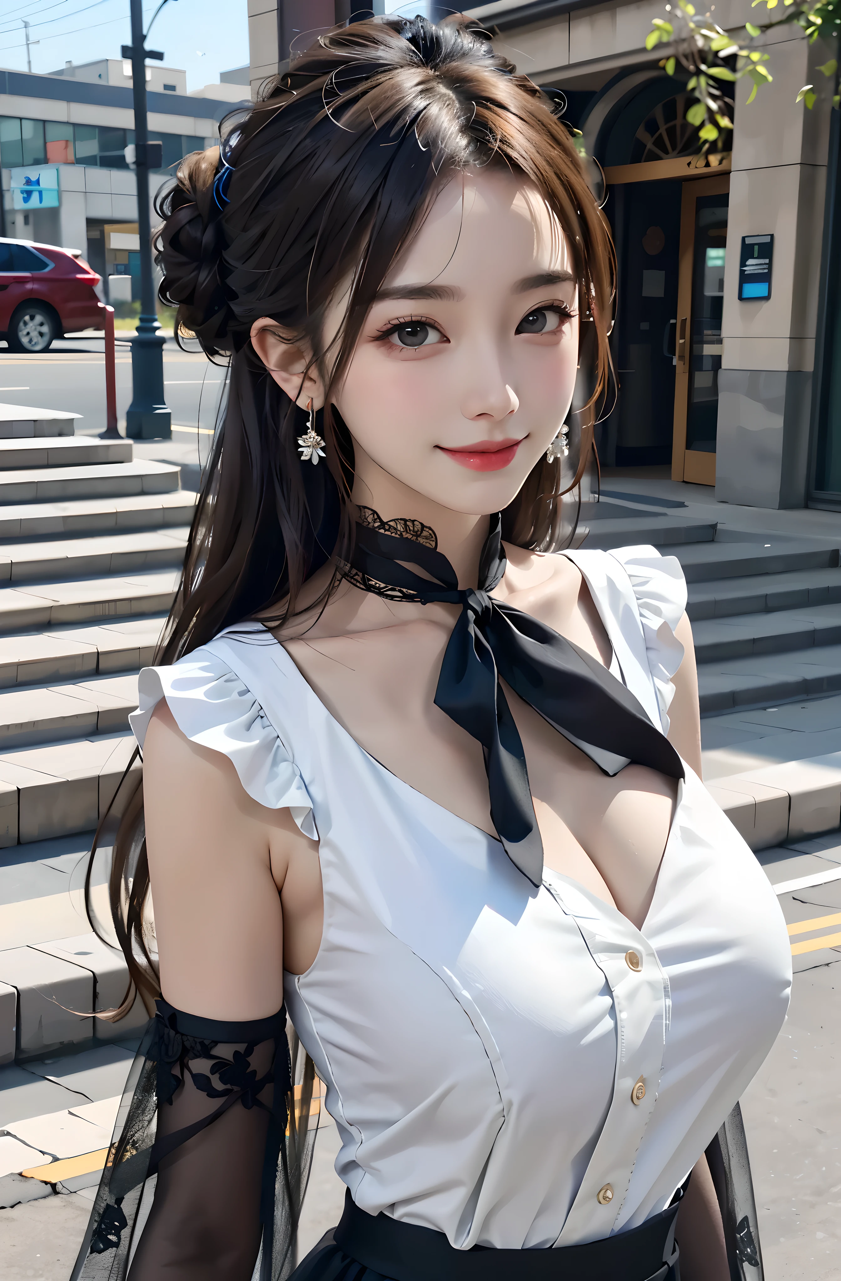 outdoor, Look from above, upper body whole body, herry, long hair, half bun,  earrings, huge breasts , decorate, (Sleeves extend beyond wrists:1.2), gaze upward, shy smile