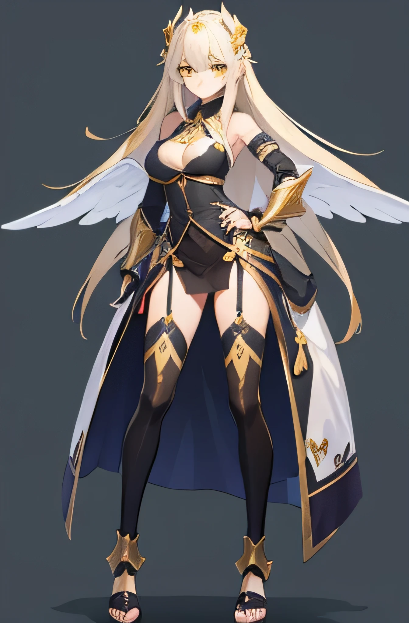 three women ,long hair, in knight's armor with angel wings, yellow eyes, expression of dissatisfaction full body