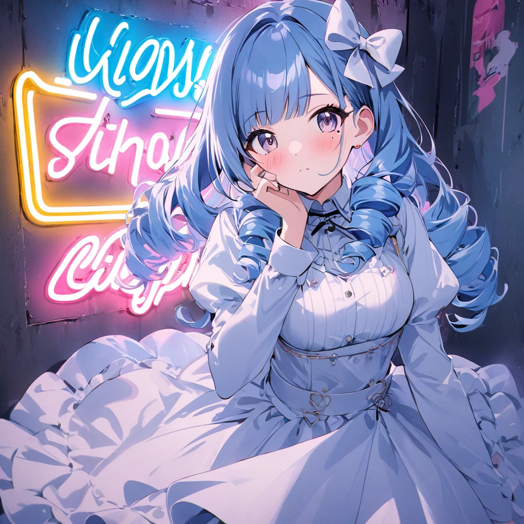 Neon Sign, PENeonSign, neon sign, glowing, colorful, 1girl, Neon Sign, bangs, blue hair, blunt bangs, blush, bow, breasts, closed mouth, commentary request, dress, drill hair, hair bow, hand on own face, highres, idolmaster, idolmaster shiny colors, juliet sleeves, long hair, long sleeves, looking at viewer, medium breasts, mole, mole under eye,
