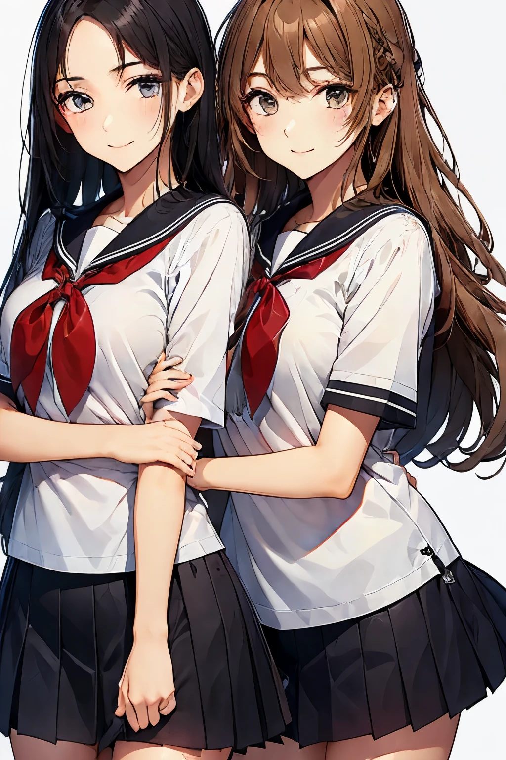 Two high school girls hugging each other、seductive smile