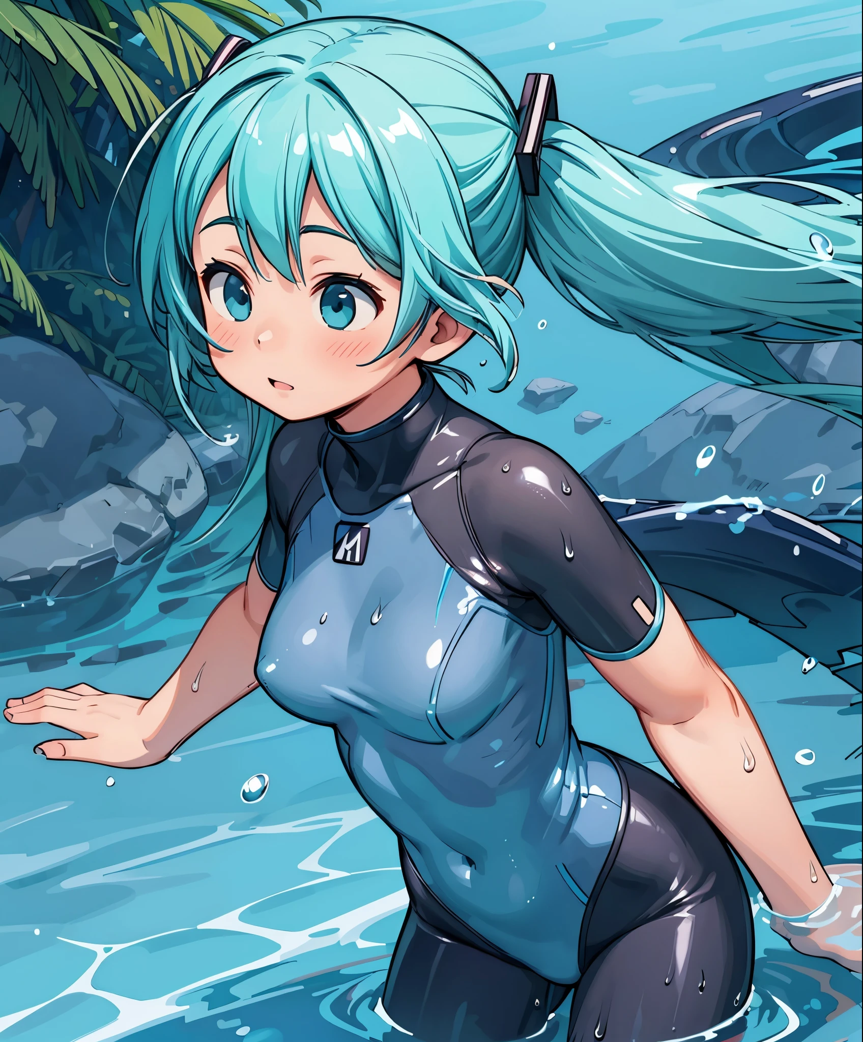 (masterpiece、highest quality、highest quality、official art、beautiful beautiful:1.2)、(1 girl:1.3)Hatsune Miku、twin tails,big breasts,Anime girl in a blue wetsuit posing in the water with her hands on her head, 8K high quality detailed art, Close-up fantasy using water magic, Glossy skin that looks wet!!, asian female water spirit, 3d rendering character art 8k, DeviantArt Artstation CGScosiety, beautiful female warframe, ultra precision water, Character is covered in liquid