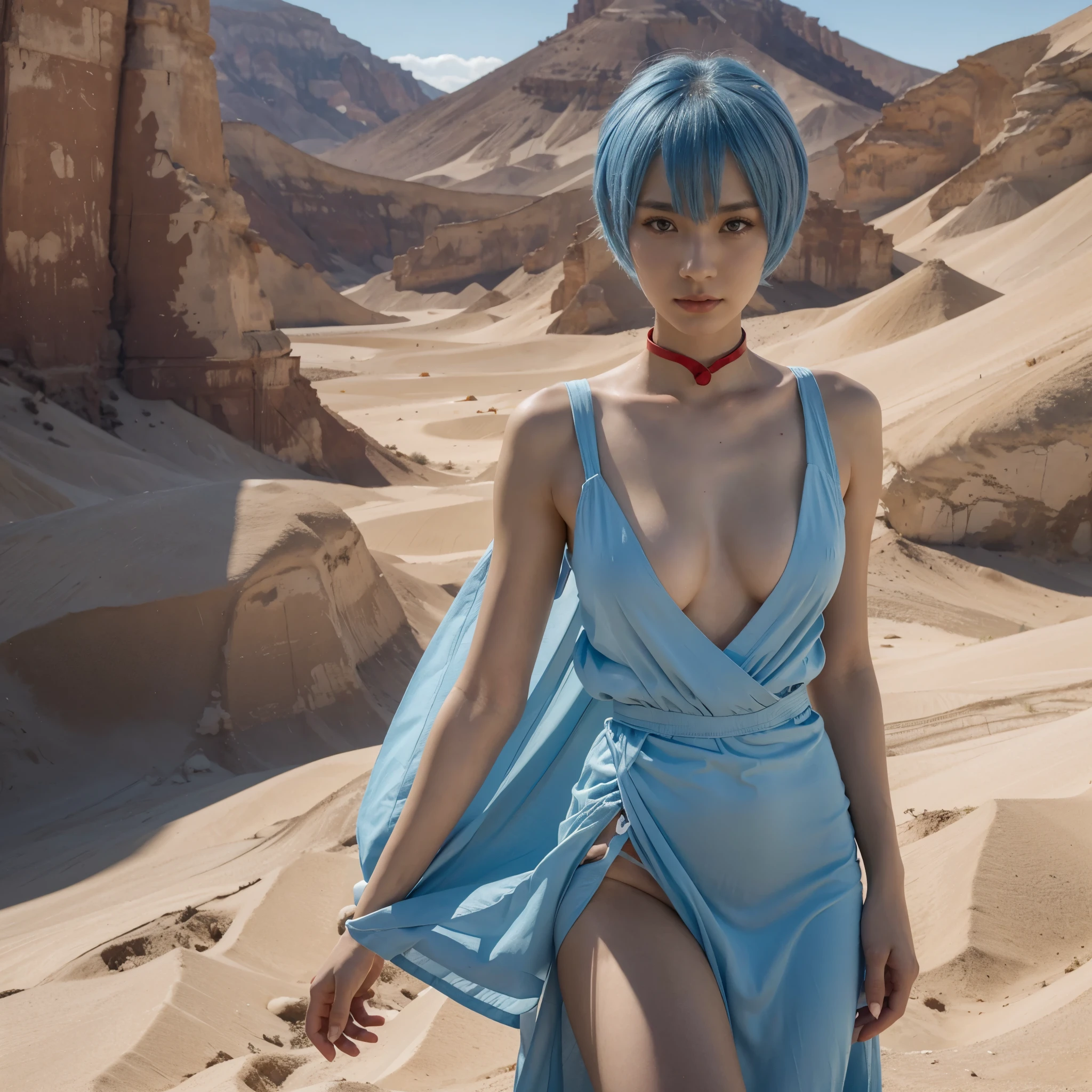 (highres, best quality), Rei Ayanami, Beautiful Mixed Pretty Japanese Babe Face. Beautiful Face, Detailed Beautiful bright red eyes, beautiful slim body, Super Blue Short Hair, combine realism and anime influences, sorrow beautiful face, Intense Beautiful gaze, long desert dress, full desert dress, 