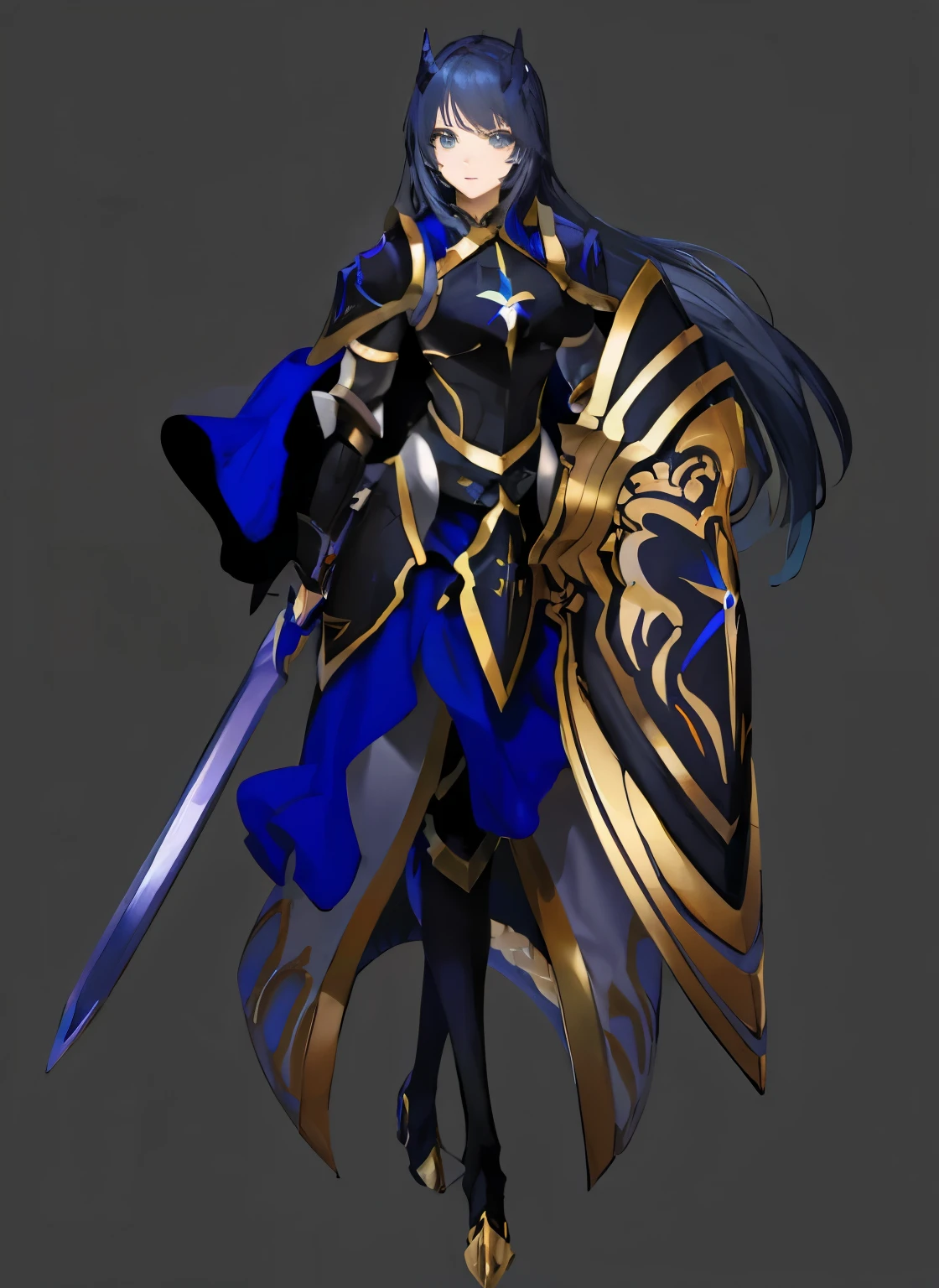 female paladin, dragon girl, black and gold armor, long hair, horns, scales, teal eyes