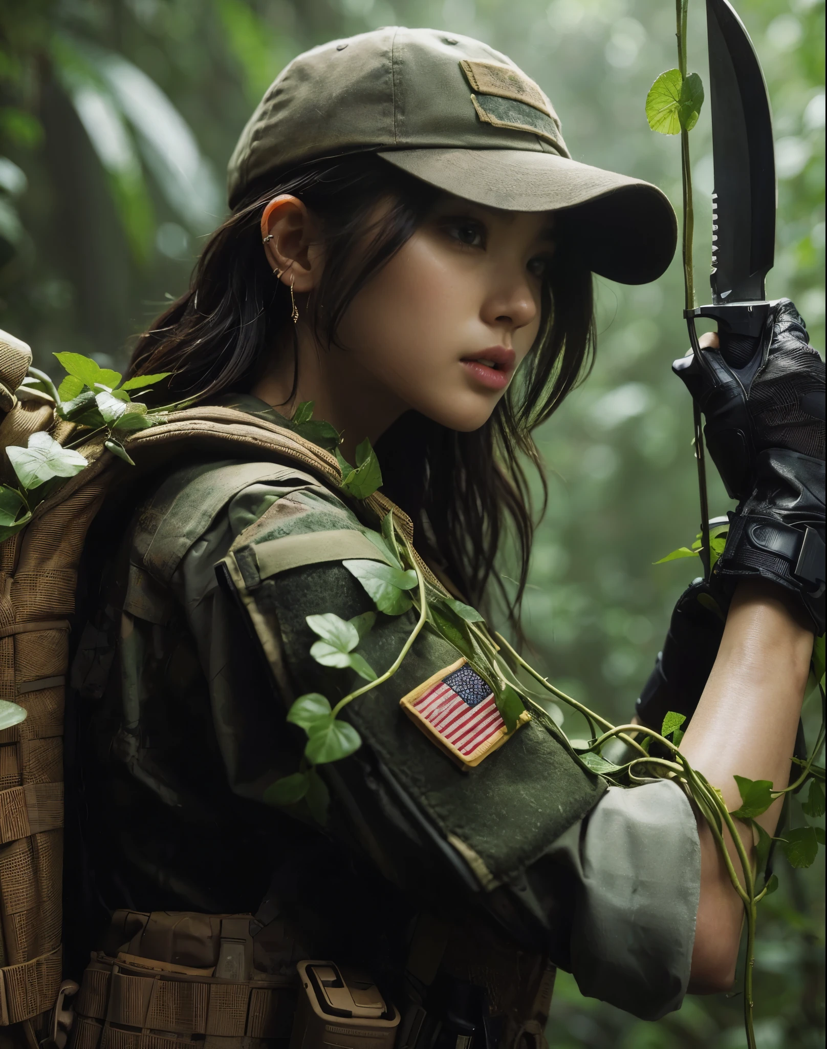 8K,realistic photo、realistic skin texture、A beautiful Japanese woman belonging to the American military is in the jungle.、bulletproof vest、、with caution、Backpack、wearing a baseball cap、Proceed while mowing down Vine with a large machete、moving action pose、、Dramatic and bold composition、、Zoom out