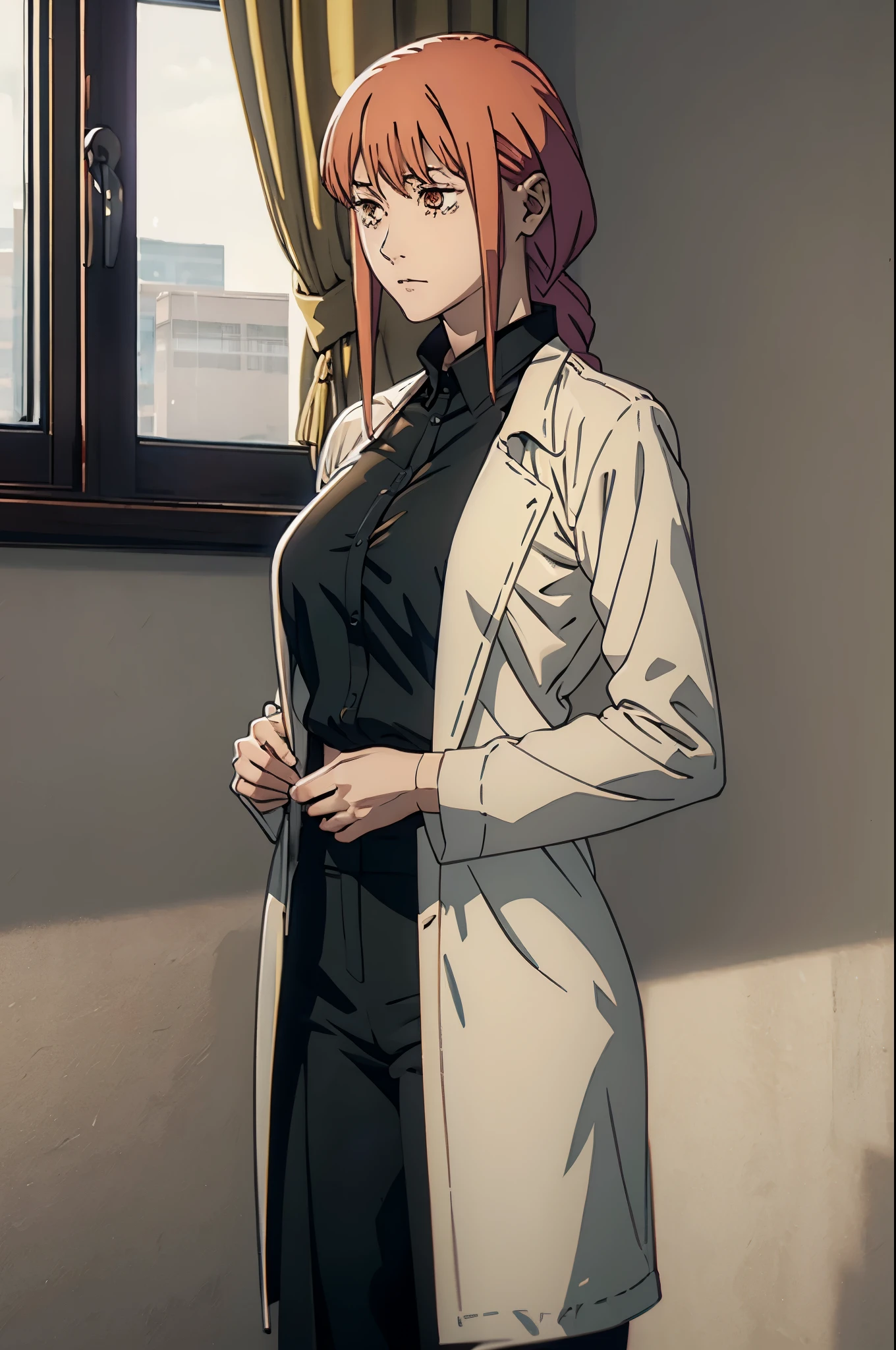 makima from chainsawman, yellow vivid eyes, wearing her iconic white long sleeve, wearing black dark business pants, hair braided, standing, office setting, cleavage, big breasts