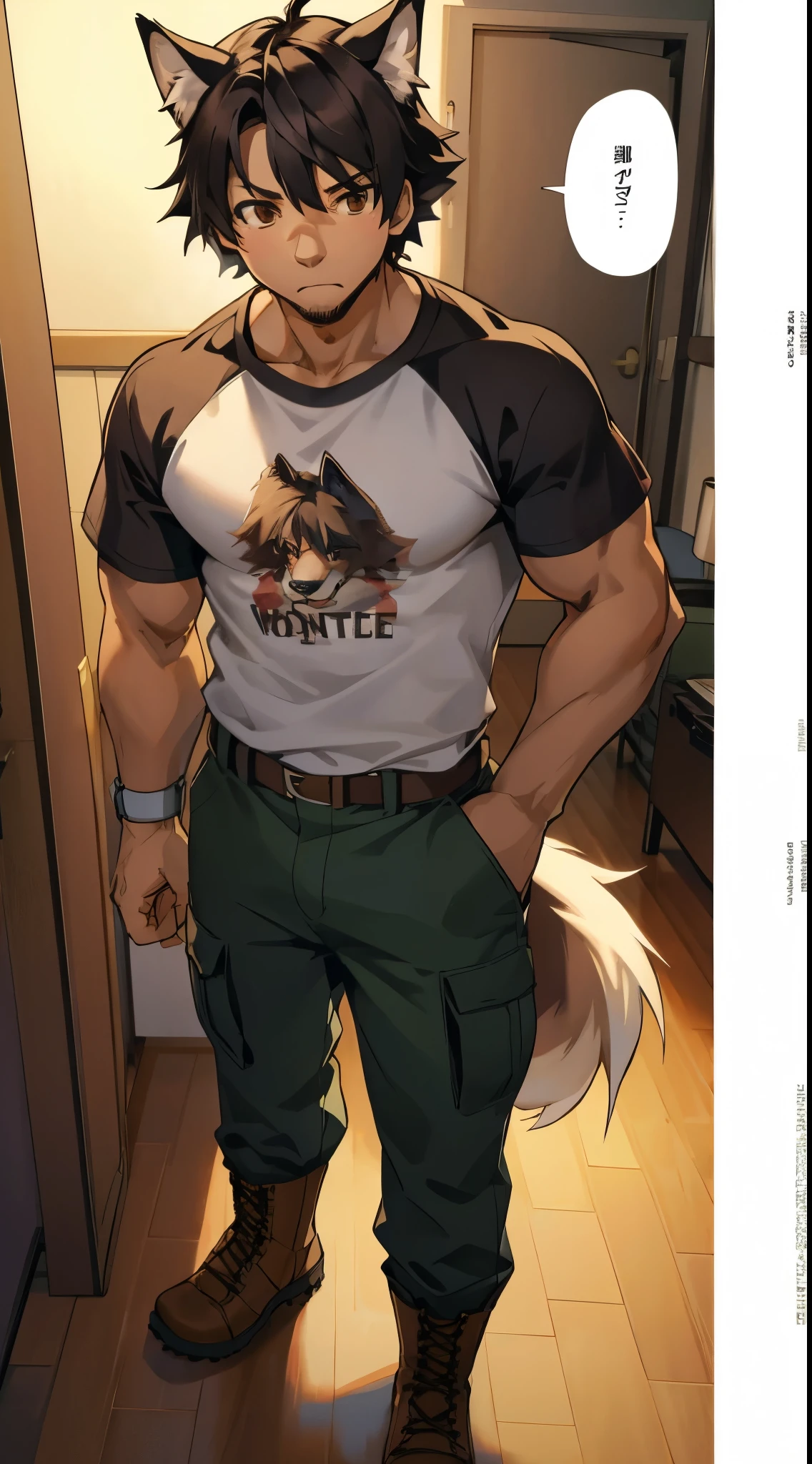 (Masterpiece, best quality), detailed, a couple of comics, (1man, (monster, wolfboy), t-shirt, cargo pants, military boots, many parts), (light skin color:1), (brown eyes), detailed face, random expressions, (athletics & muscular physical form), (wolf features, wolf tail, wolf ears:1), black hair color, detailed hair, short military style haircut, full of details, manga page, doujin, ddlc, anime, manga panel
