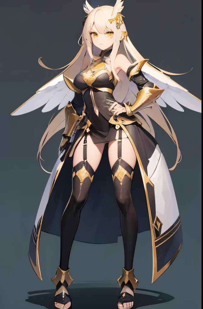 three women ,long hair, in knight's armor with angel wings, yellow eyes, expression of dissatisfaction full body