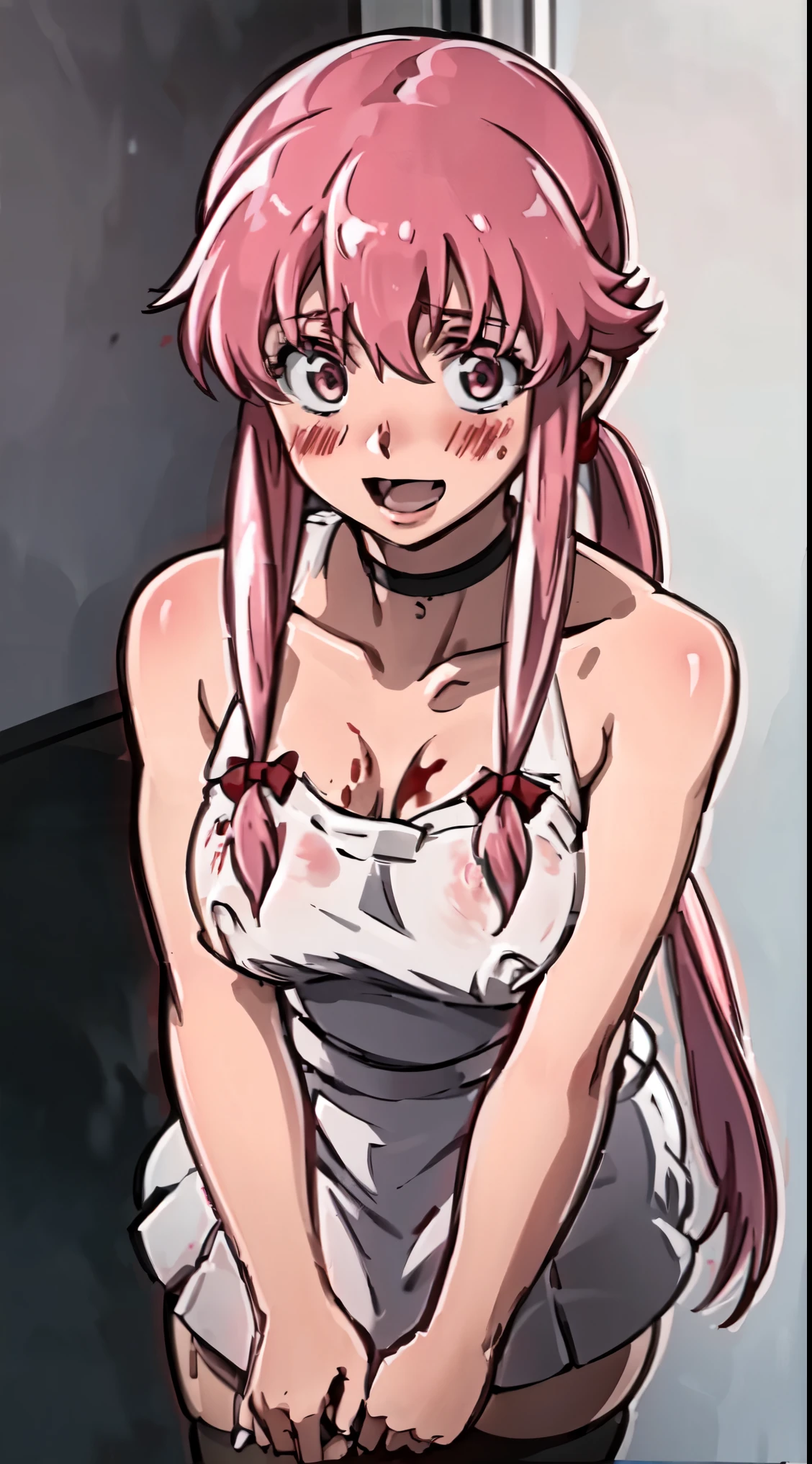 yuno gasai, long hair, pink hair, low twintails, smile, naked, red eyes, (large breasts:1.5) nipples, from below, (crazy face:1.1), crazy (eyes, crazy:1.4), naked, (blood splatter:1.5), In a old room, wearing black choker, sitting, (perfect hands:1.5),straddling, selfie, (Evil eyes:1.5)