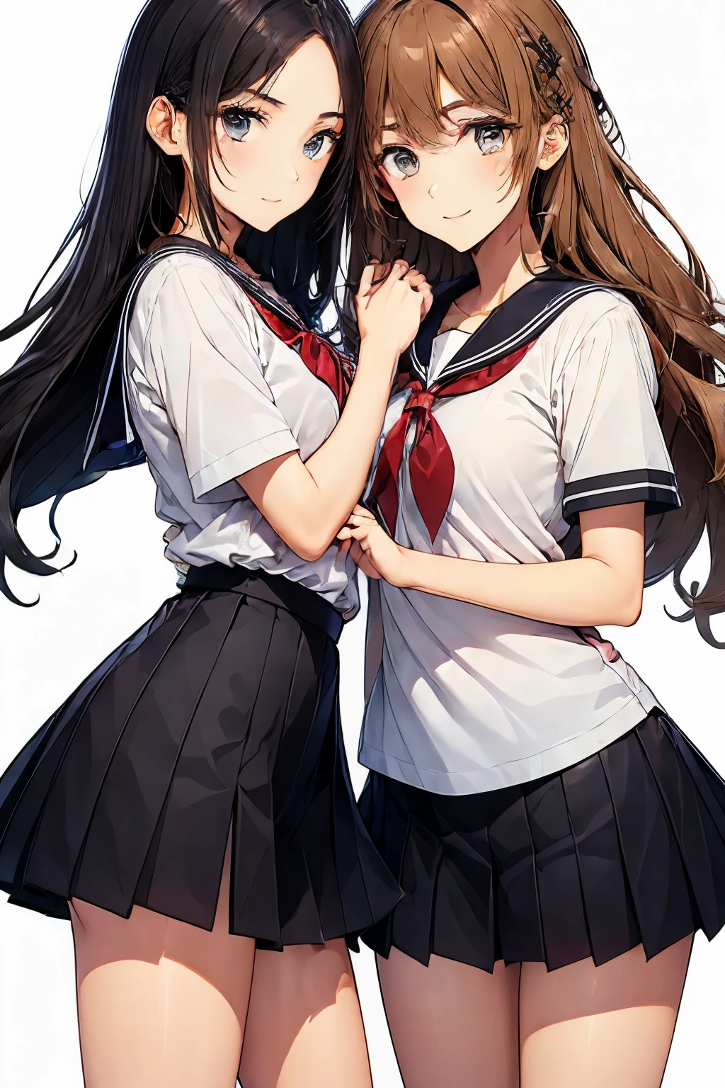 Two high school girls hugging each other、seductive smile