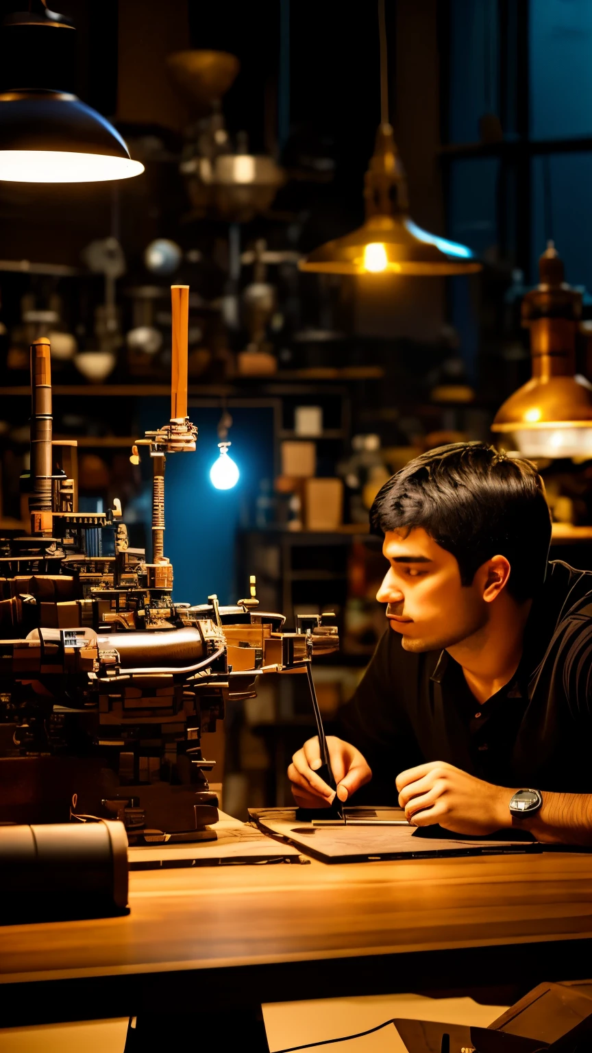 The image must show a person, which creates the device, perpetual motion machine. The picture needs to convey the process of creativity and invention. A person can be depicted at a table, with various tools and parts around. He can be completely immersed in work, with a serious and concentrated expression on his face. It is important to convey an atmosphere of intense work and desire to create something new and unique. The background can be neutral or reflect the theme of the device, which is being created.