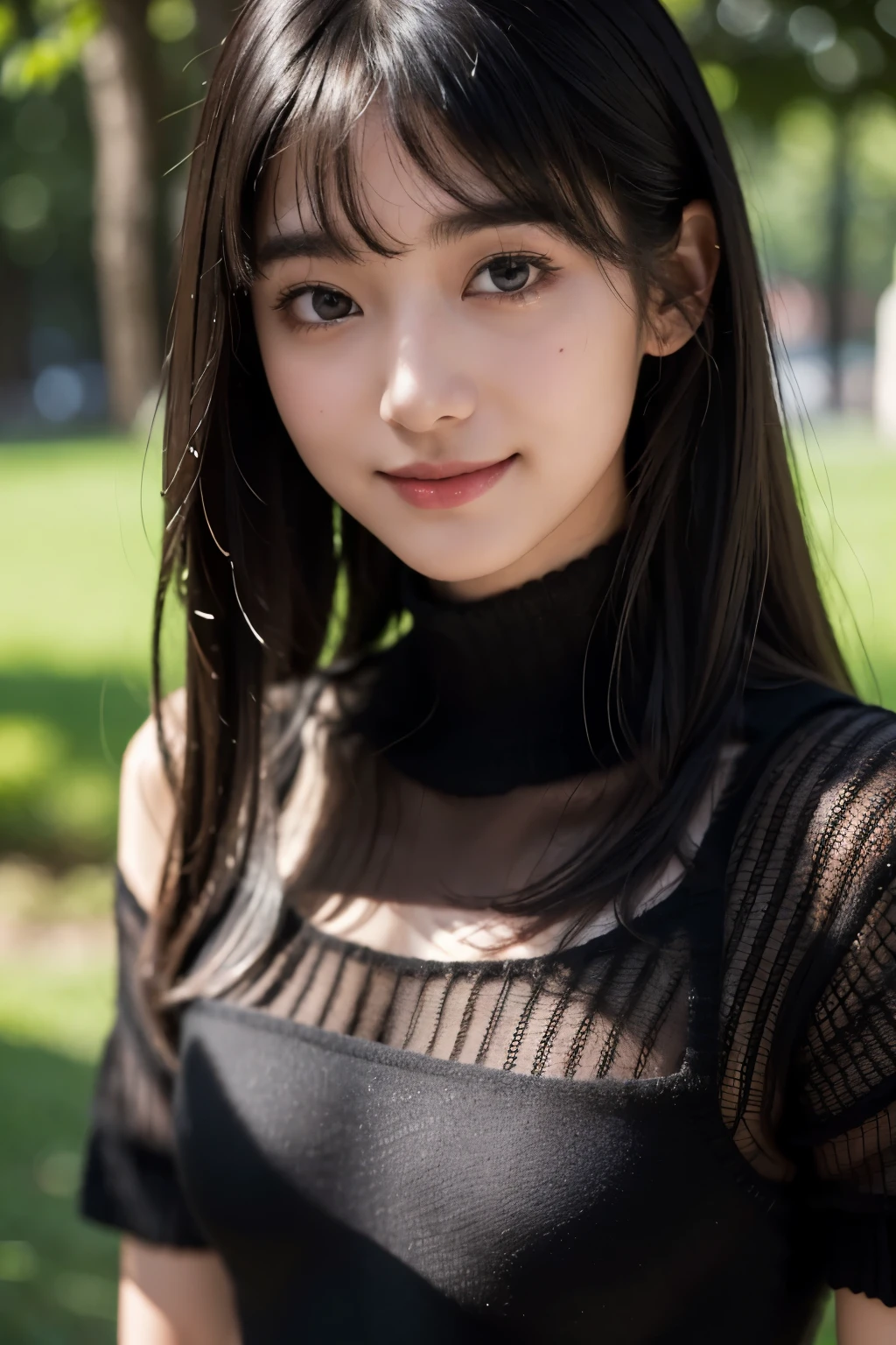 (highest quality,masterpiece:1.3,ultra high resolution),(Super detailed,caustics,8k),(realistic:1.4,RAW shooting),1 girl,(Look at the camera with a smile),20-year-old,、cute,Japanese,black hair、messy hair、face focus,Natural light,Lens flare,professional writing,thin eyebrows、flat bangs、perfect anatomy、A natural shadow、(small tits:1.2)、natural shadow、(Black knitted dress:1.3)